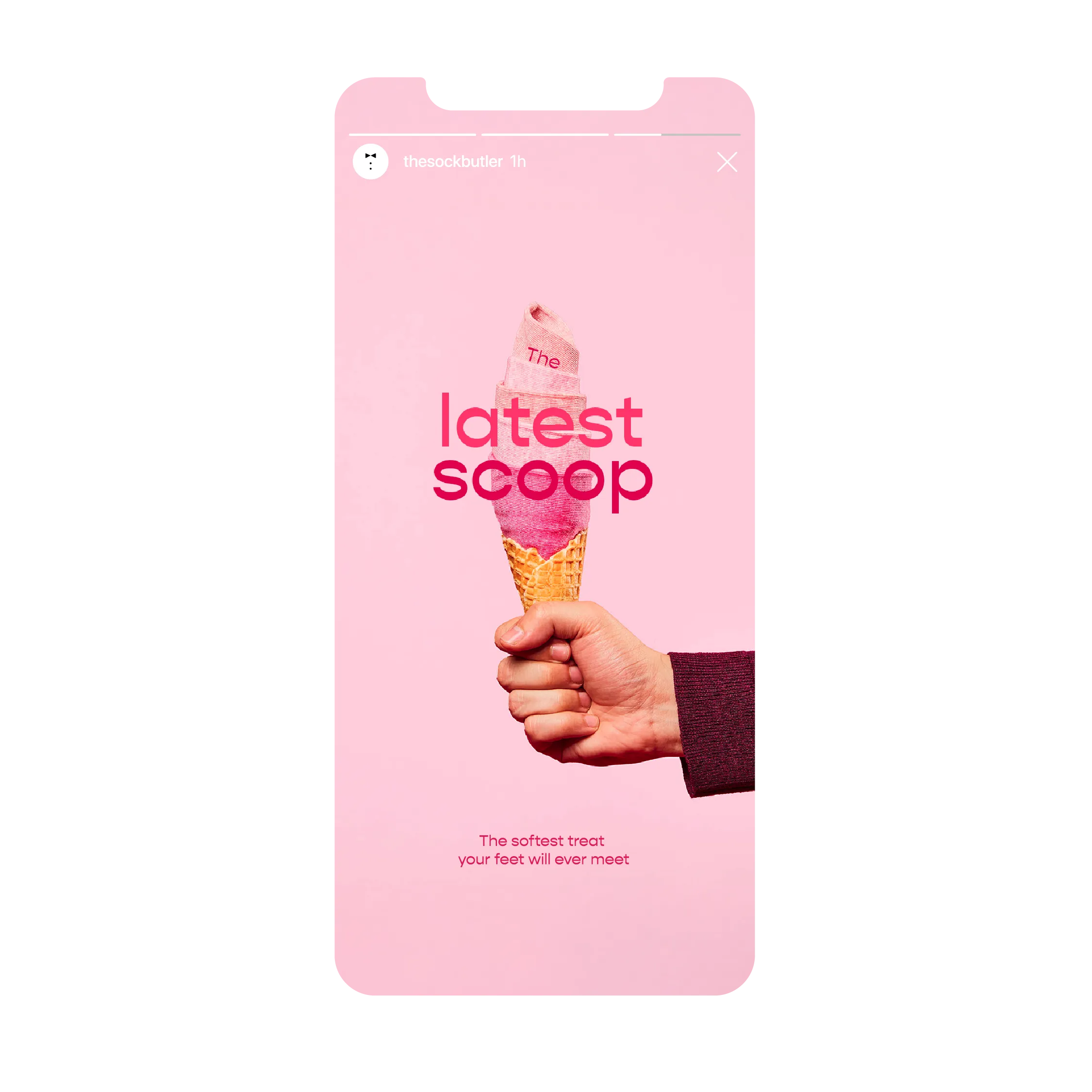 Phone showing The Sock Butler Instagram story: hand holding an ice cream cone with pink socks inside to look like ice cream, reading 'The latest scoop,' on a pink background.