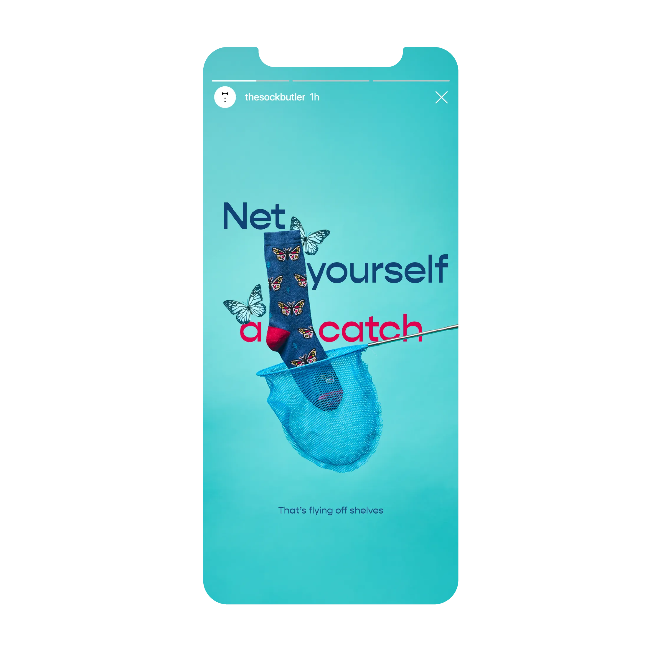 Phone showing The Sock Butler Instagram story: butterfly socks with a net reading 'Net yourself a catch,' on a turquoise background.