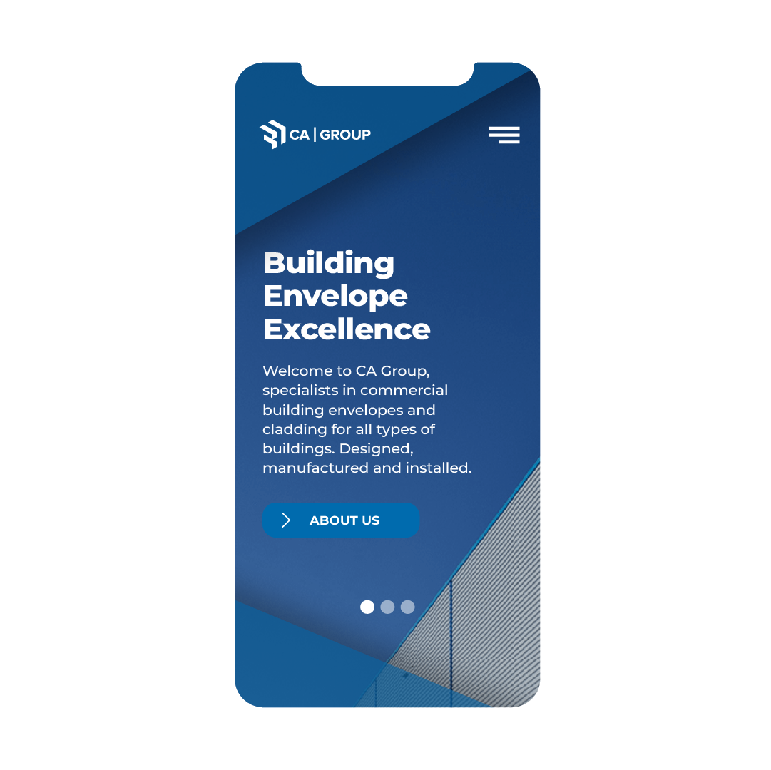 Phone screen showing the CA Group website demonstrating responsive design.
