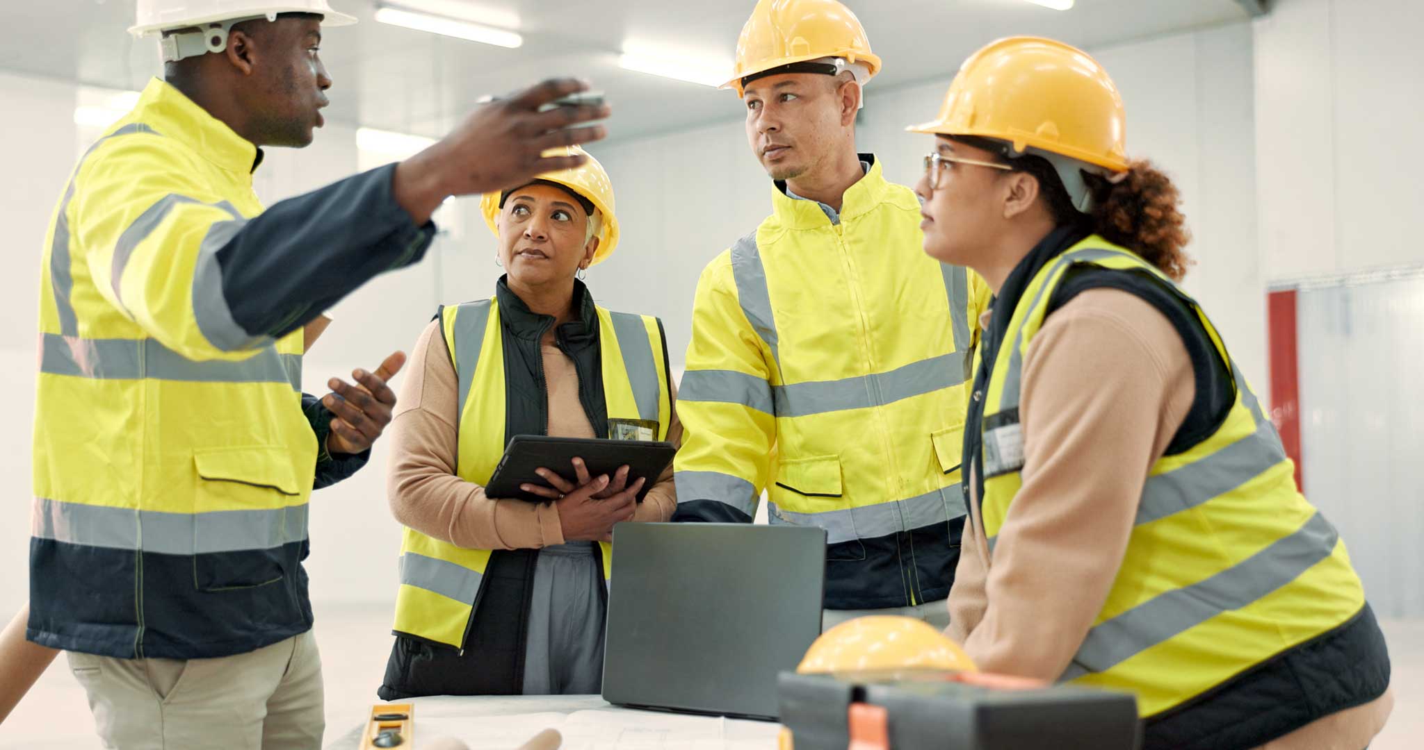 An EHS professional is talking to three people.