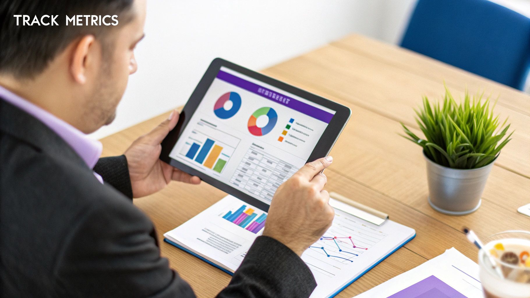 A modern, clean dashboard on a tablet showing key subscription business metrics like MRR, Churn Rate, and CLV.