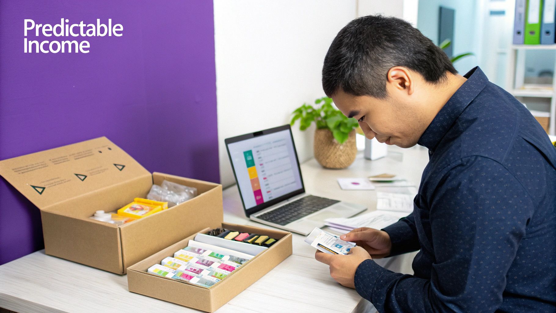 An image showing a customer happily unboxing a subscription package, symbolizing the positive business benefits.