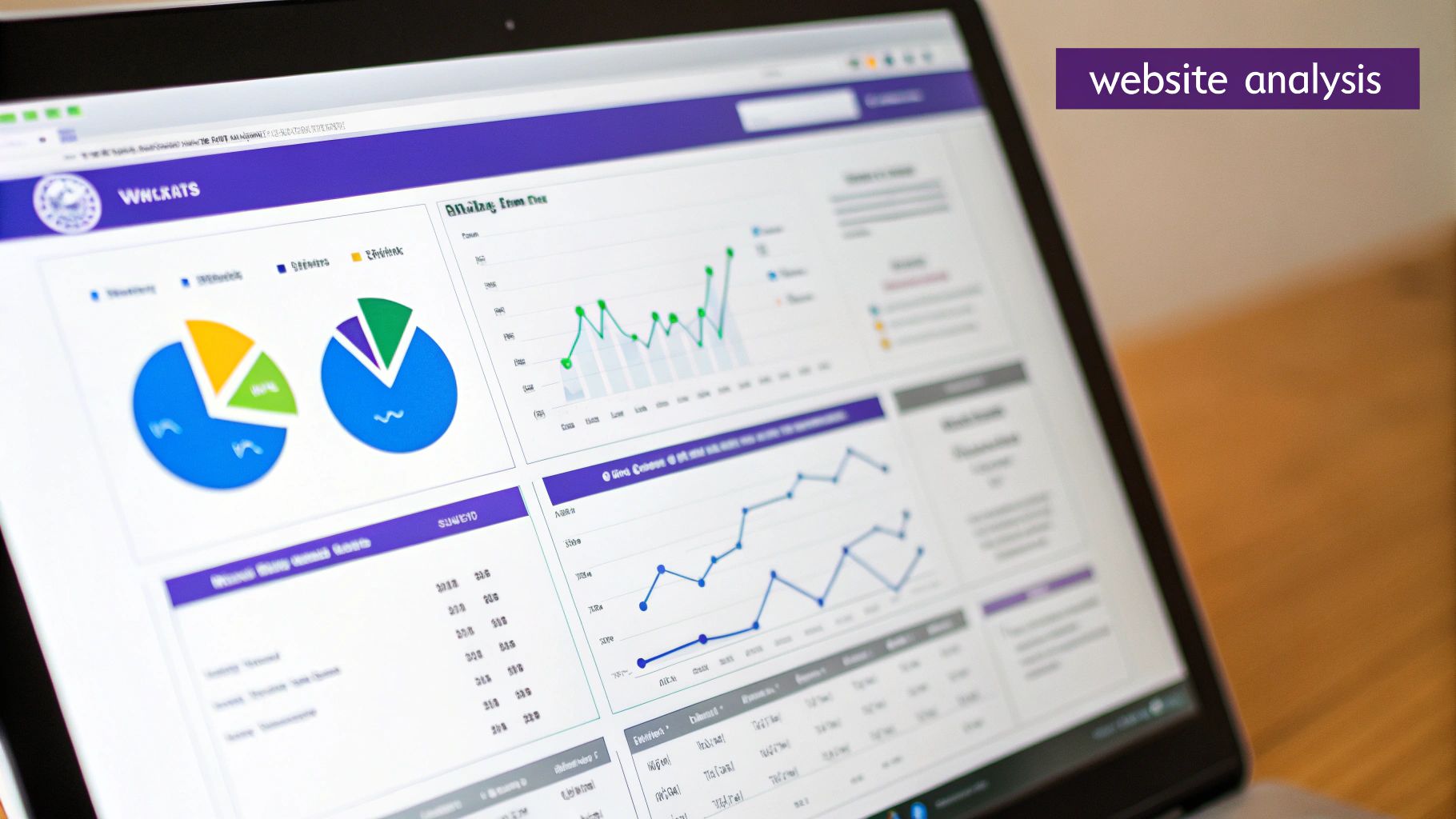 A person examining a large, glowing dashboard of website analytics charts and graphs.