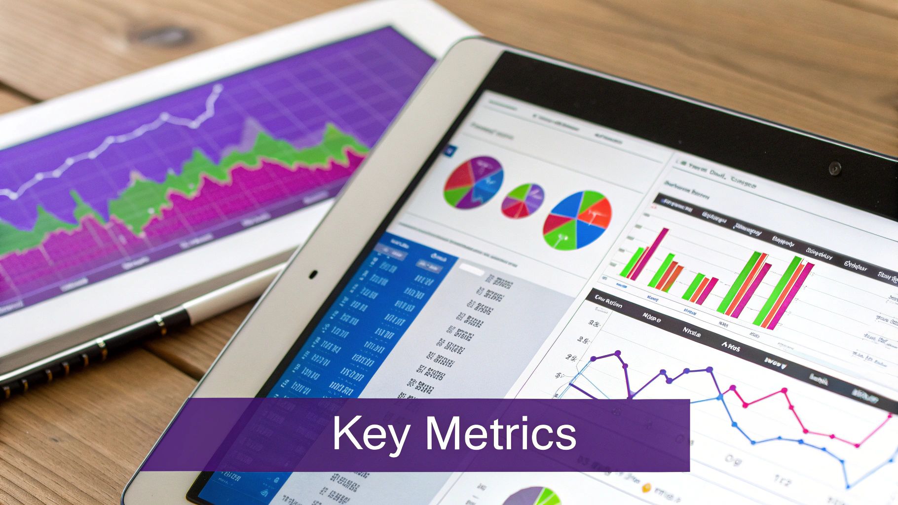 A magnifying glass hovering over a business dashboard showing key performance indicators like conversion rate and average order value.