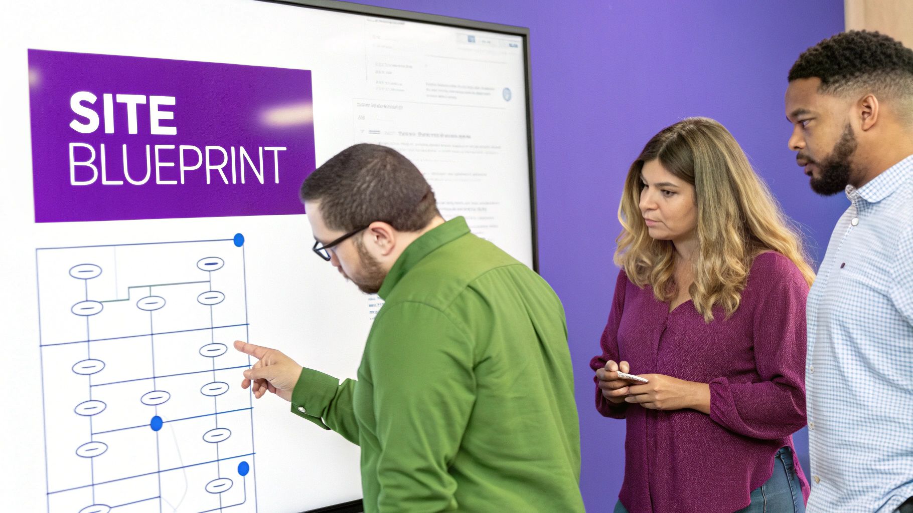 A person organizing digital folders and files on a large screen, representing the structure of site information architecture.