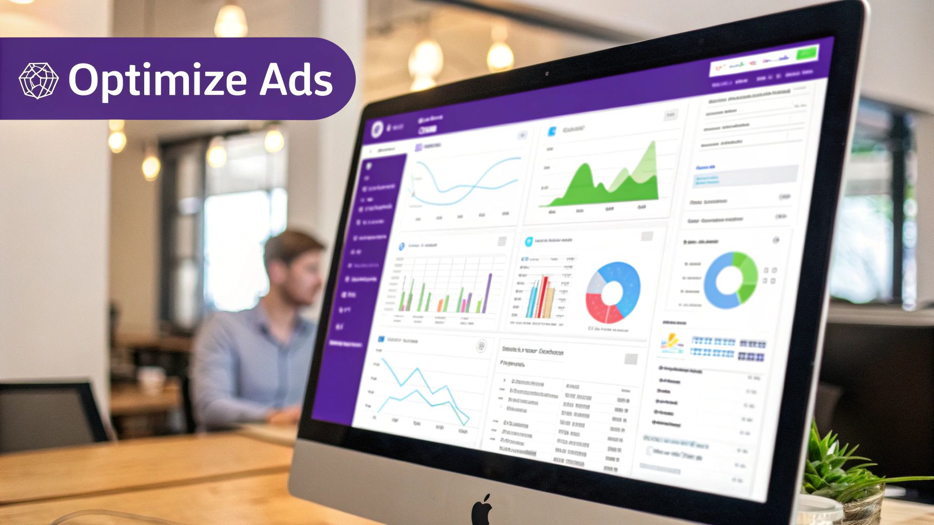 A magnifying glass hovering over a digital dashboard showing campaign performance metrics and graphs.