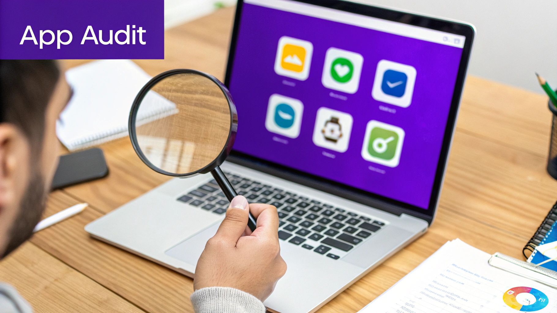 An image illustrating a Shopify store owner examining a series of app icons with a magnifying glass, some glowing green (valuable) and others greyed out (dead weight).