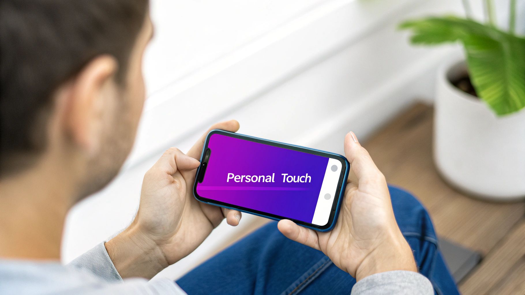 A person's hands holding a smartphone, with personalized product recommendations appearing on the screen.
