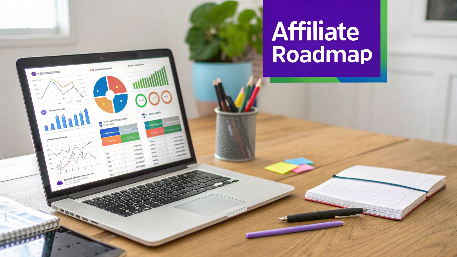 A person pointing at a screen showing affiliate marketing analytics and charts