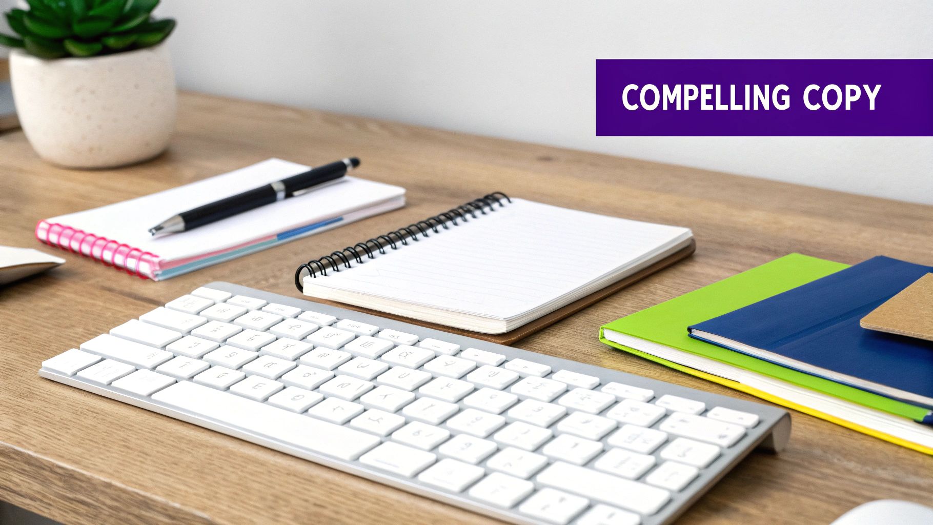 A person writing copy on a typewriter with a lightbulb above, symbolizing a creative idea.