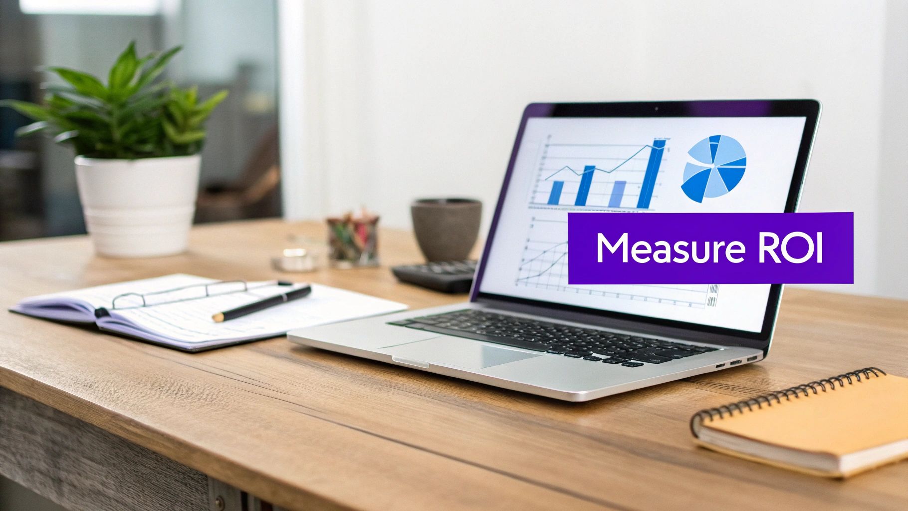 A person holding a magnifying glass over a bar chart, symbolizing the analysis of business ROI.