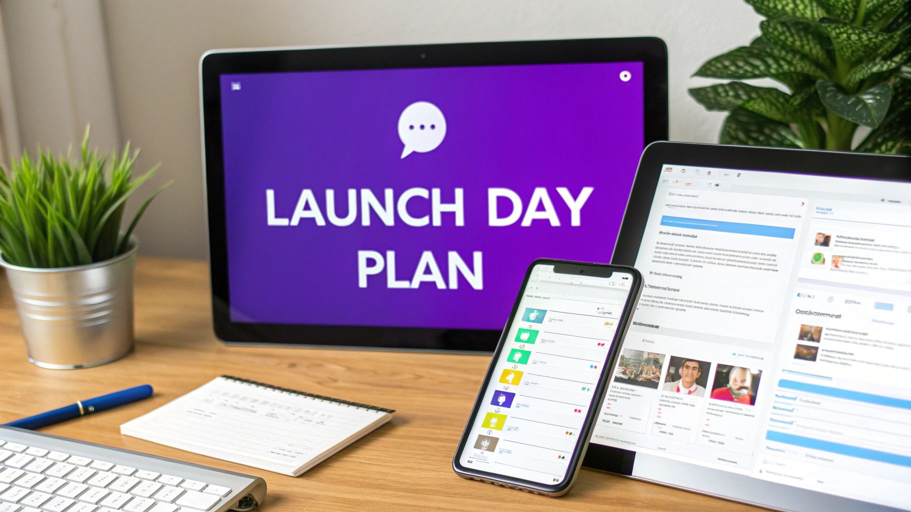 A person on a laptop launching their new e-commerce store, surrounded by marketing icons like social media, email, and charts.