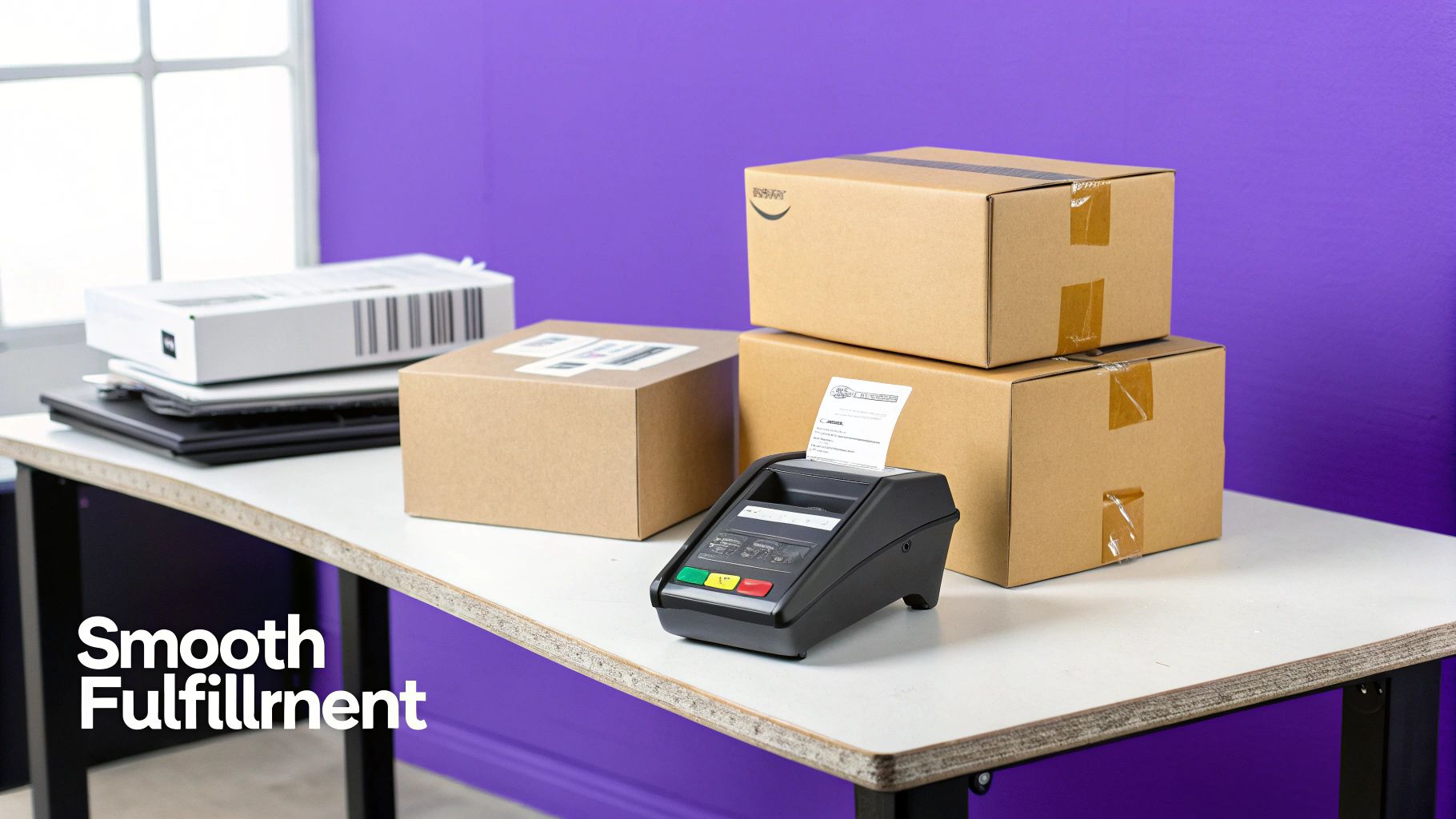 A collage showing a credit card terminal, a shipping box with a label, and a well-organized warehouse shelf.
