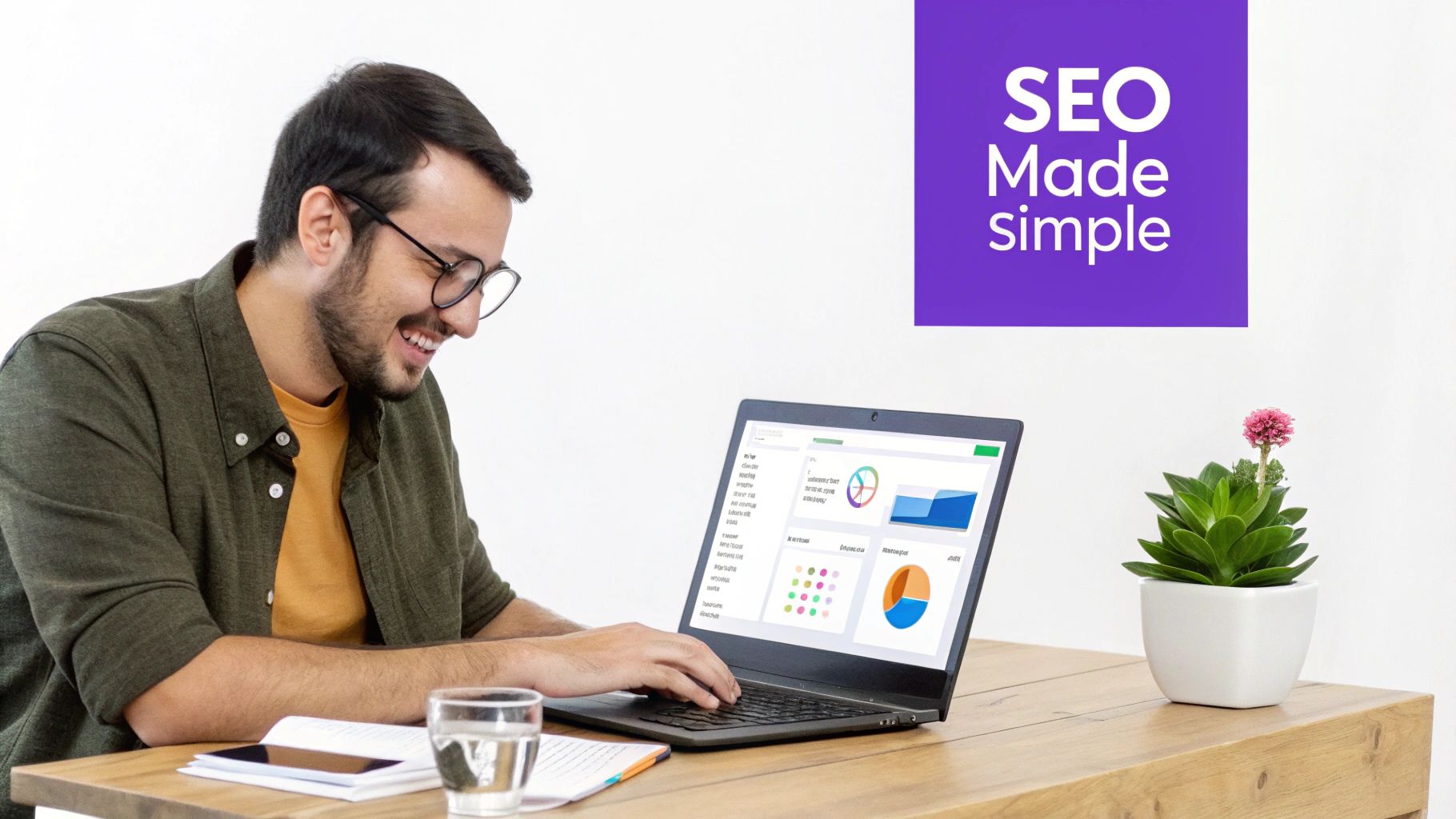 A person using a laptop with SEO analytics charts on the screen, representing business growth.