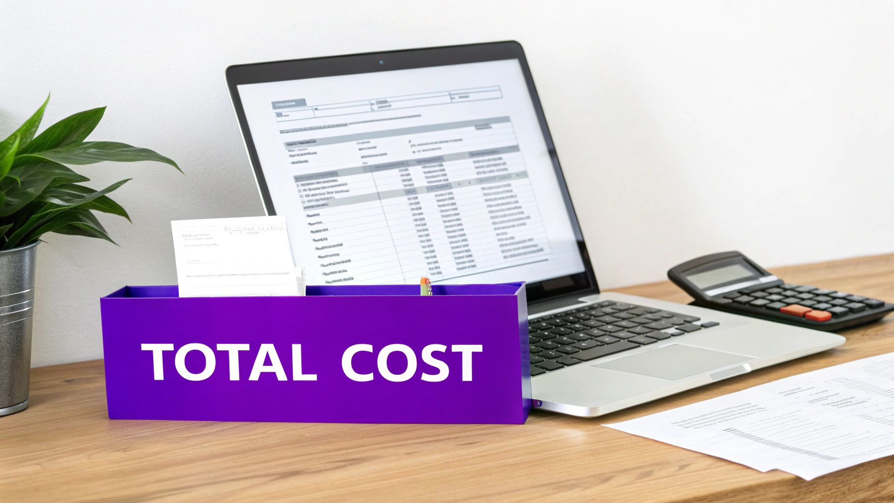 Woman calculating ecommerce store costs on a laptop