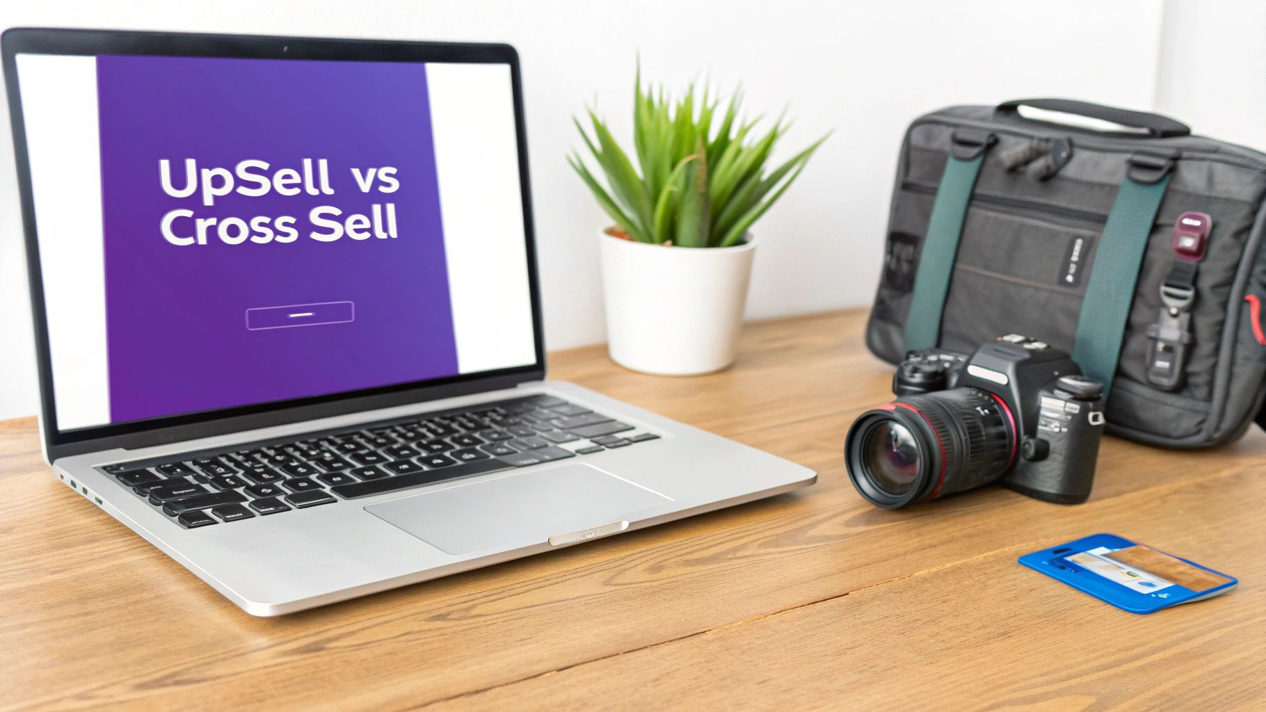 A customer in a modern electronics store being shown a premium laptop by a helpful salesperson, illustrating a real-world upsell.