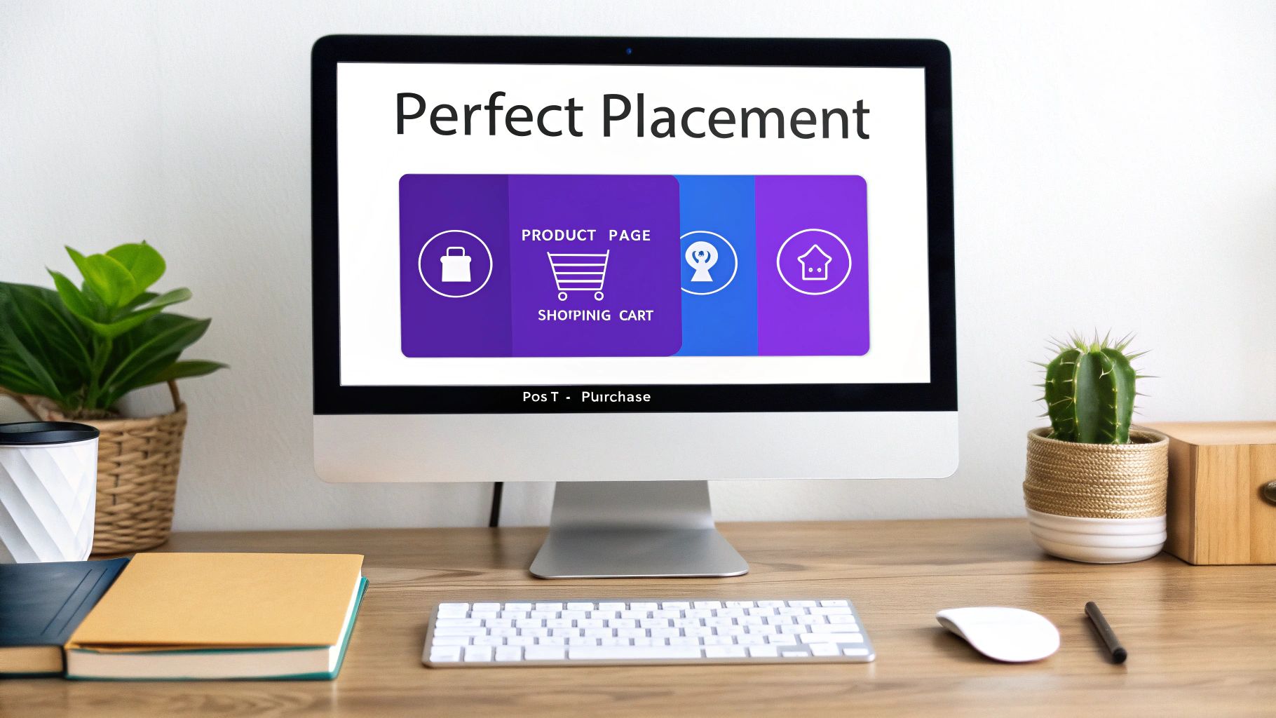 An illustration of a customer's journey, showing touchpoints like a product page, shopping cart, and post-purchase email.