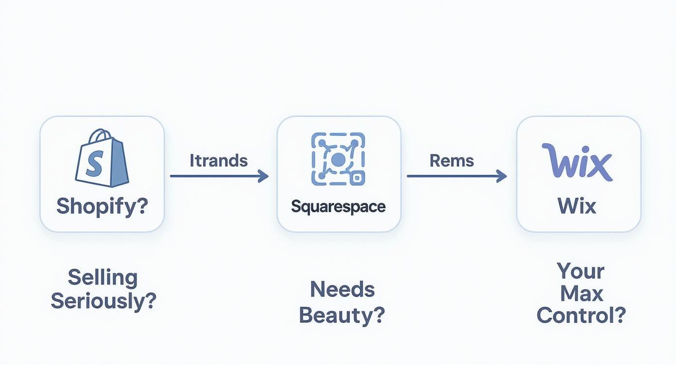 Comparison diagram showing migration path from Shopify to Squarespace to Wix for e-commerce platforms