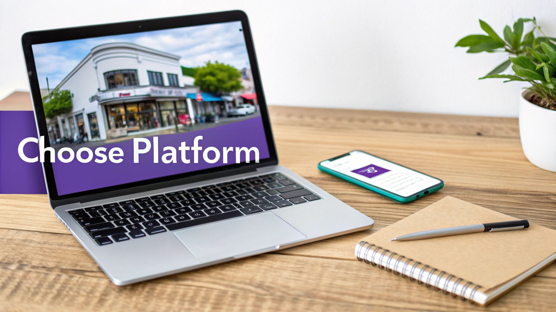 Laptop and smartphone displaying website platform selection with notebook on wooden desk