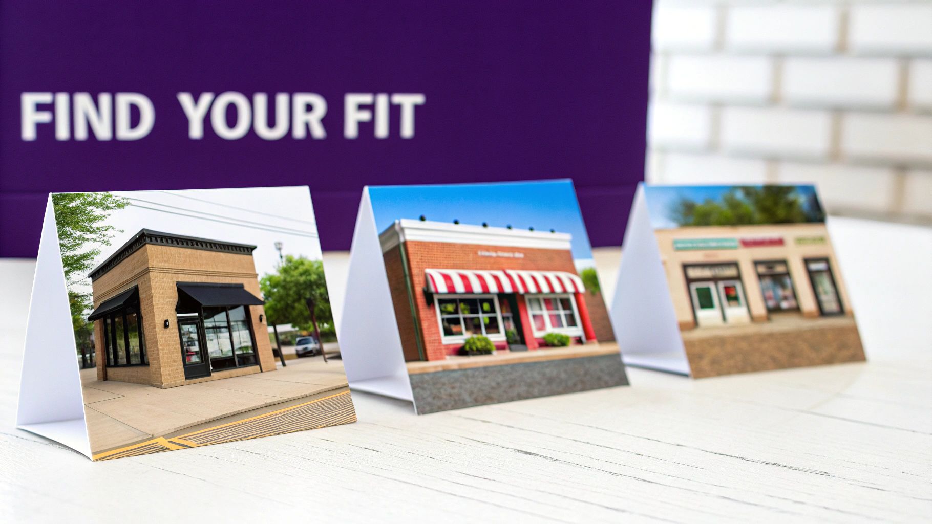Three different retail storefront building options displayed as photos on white surface for business comparison