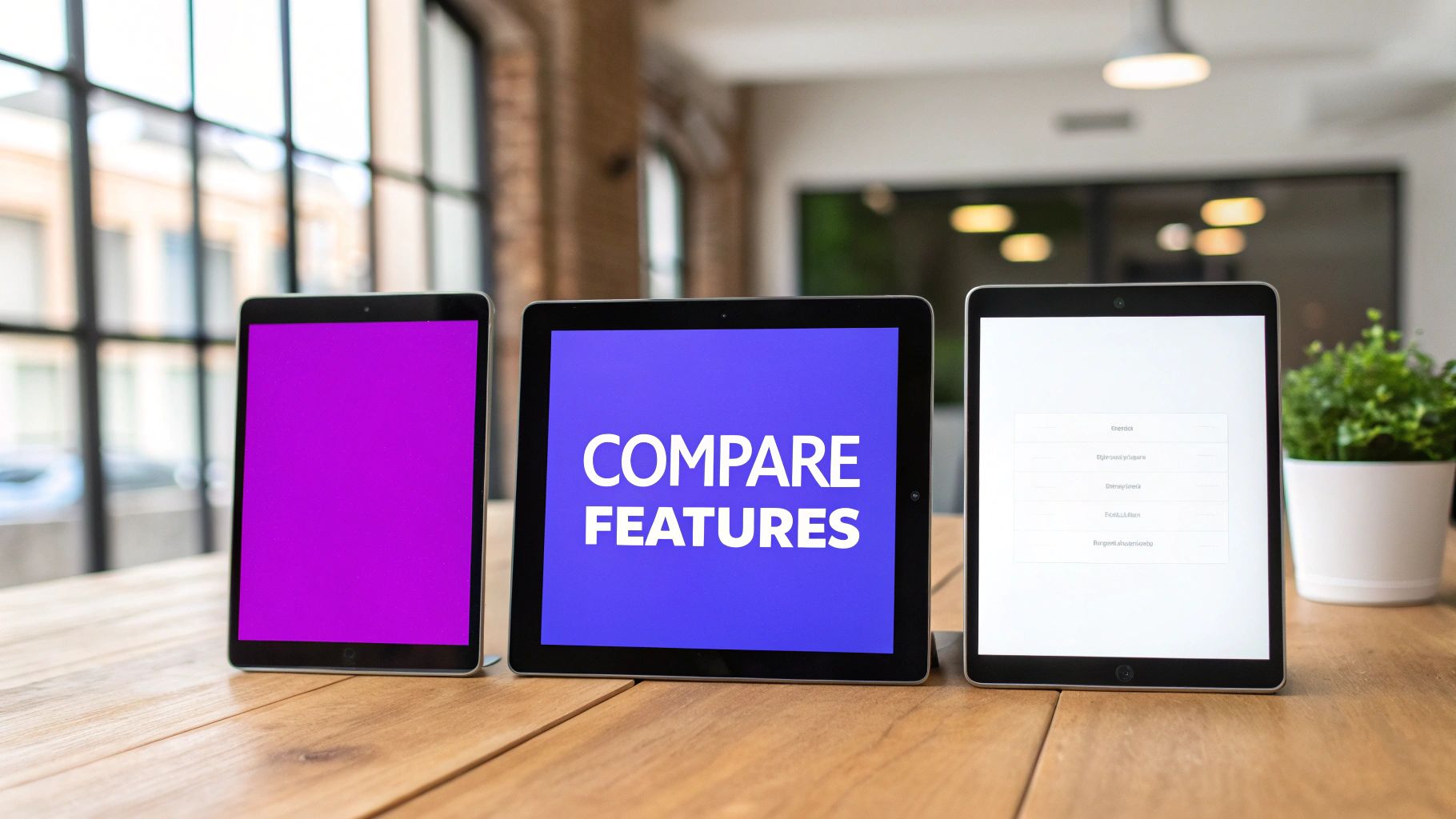 Three tablets on wooden desk displaying compare features text for ecommerce platform evaluation