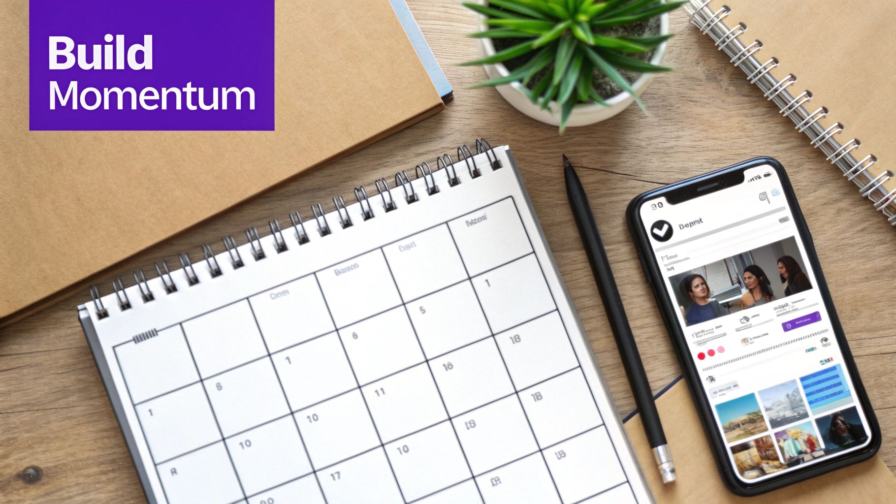 Workspace desk with calendar planner, smartphone showing website builder app, and office supplies for productivity