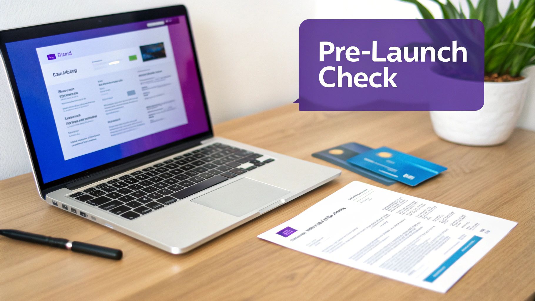 Laptop displaying website dashboard with credit cards and documents on wooden desk for pre-launch review