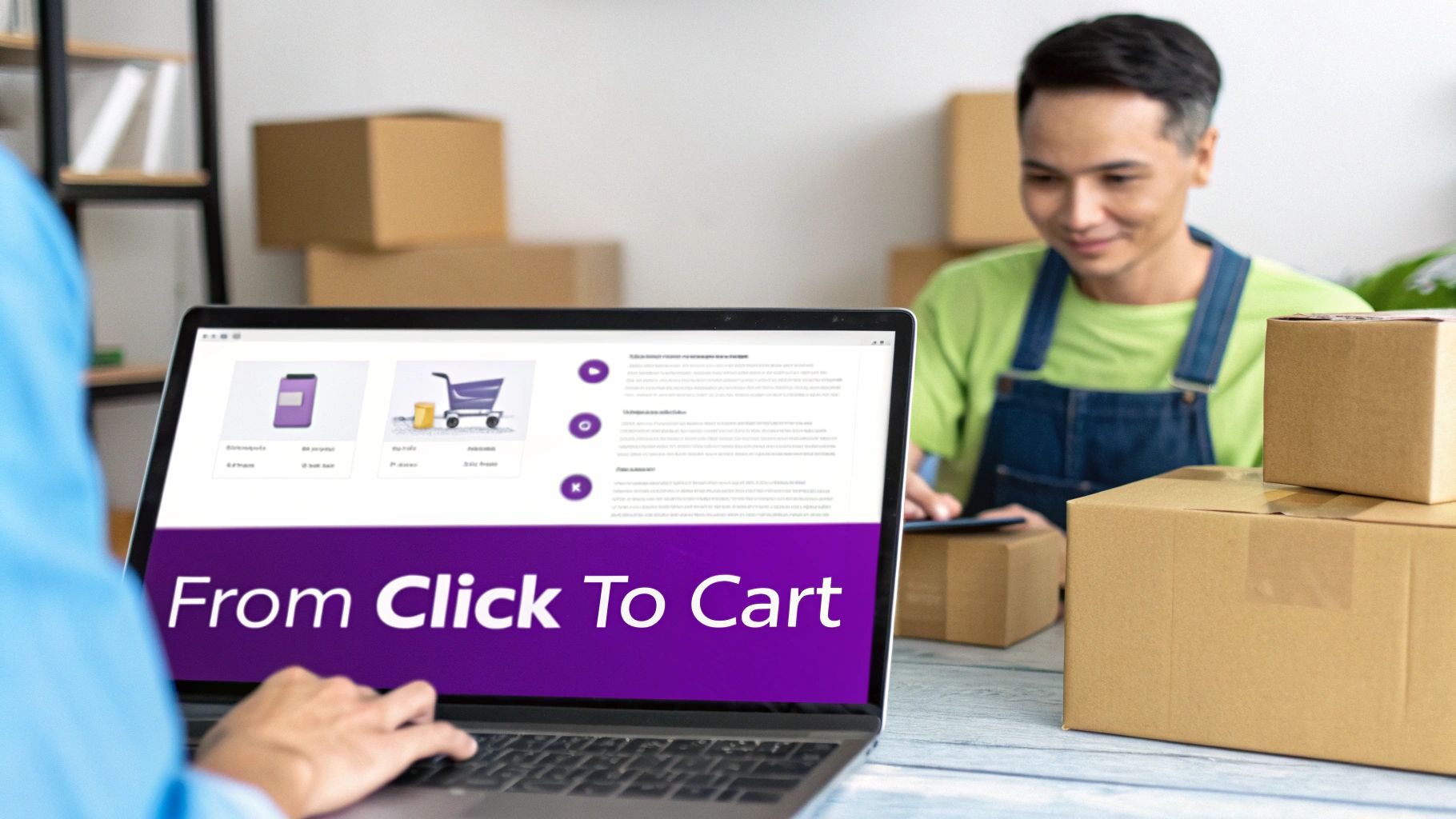 Person using a laptop displaying 'From Click To Cart' with e-commerce graphics, surrounded by shipping boxes and a packer.