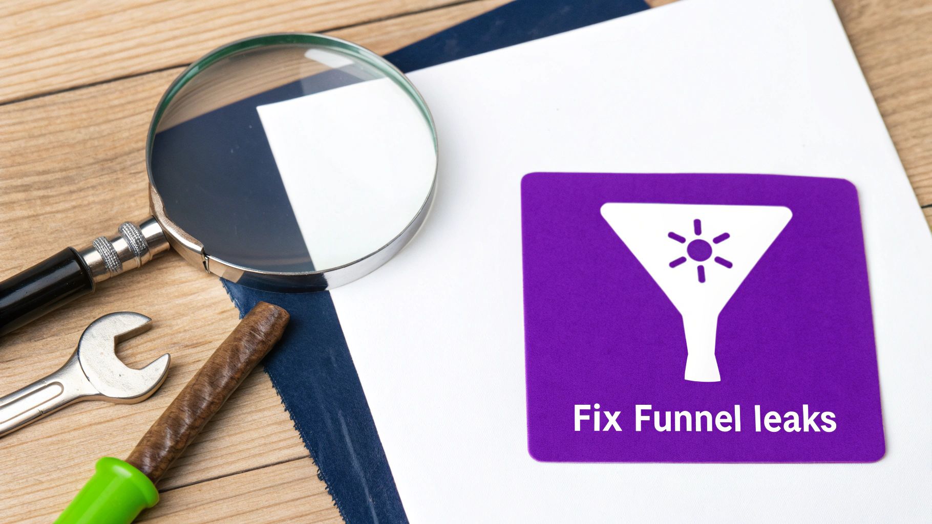 A magnifying glass, wrench, and screwdriver next to a purple card reading 'Fix Funnel leaks' with a funnel icon.