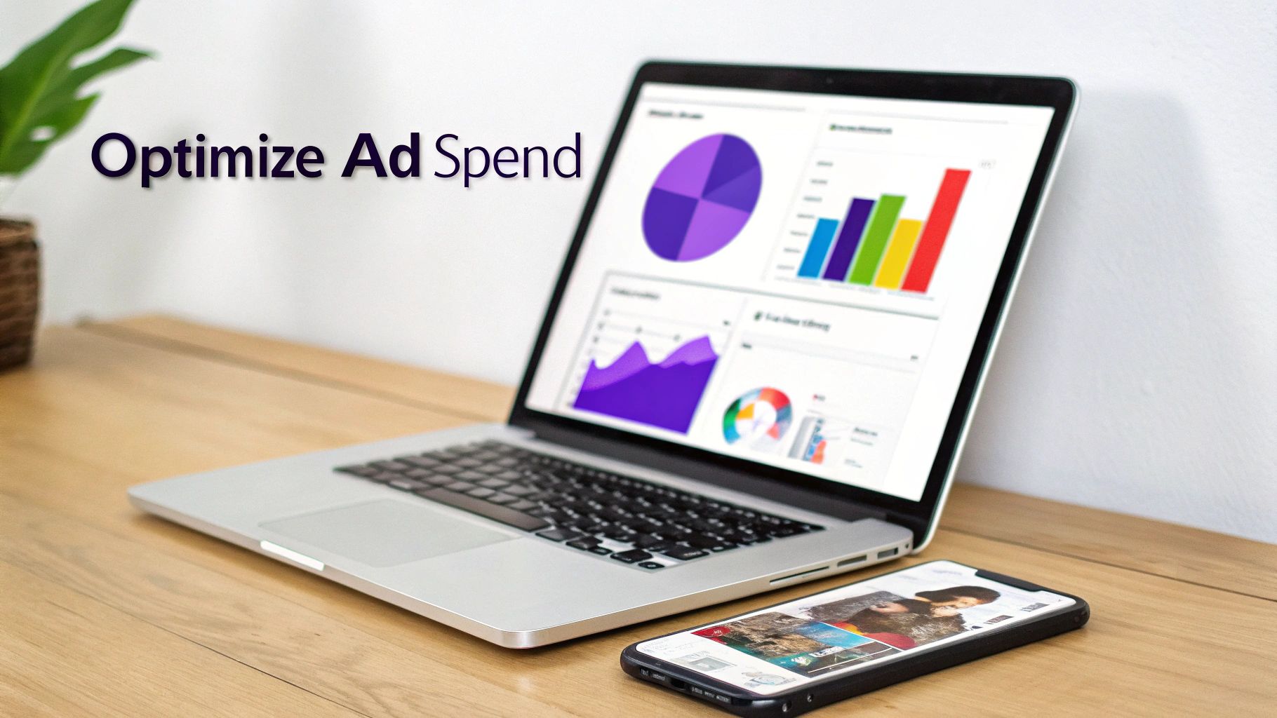 A laptop and smartphone on a wooden desk, displaying charts and graphs for optimizing ad spend.