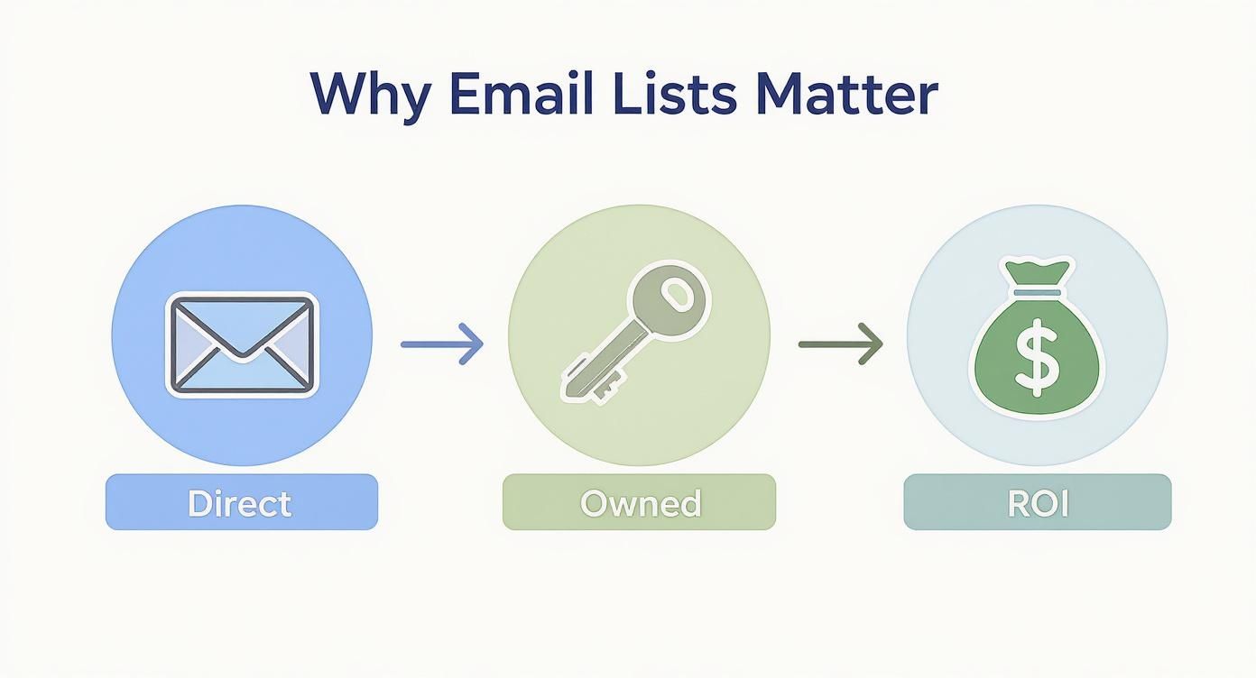 Flowchart illustrating why email lists matter, showing direct, owned access leading to return on investment.