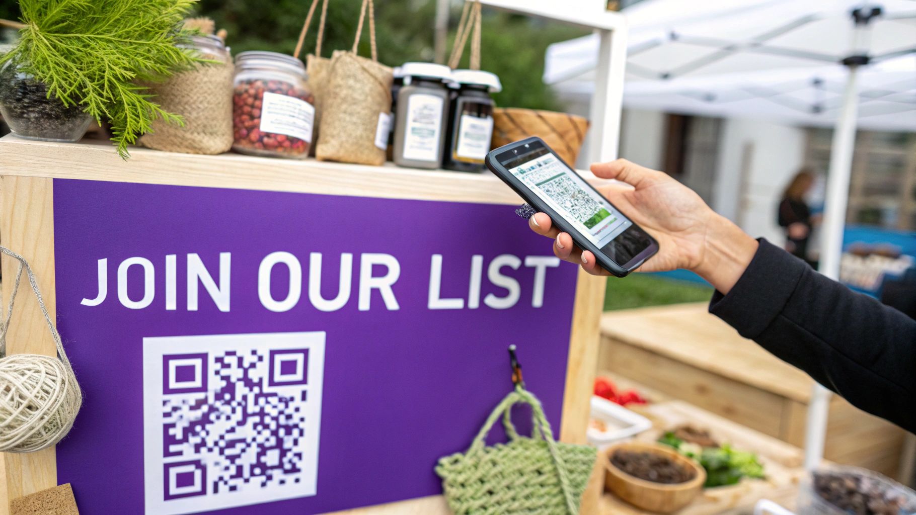 A person scans a 'Join Our List' QR code on a purple sign with their smartphone at an outdoor market.