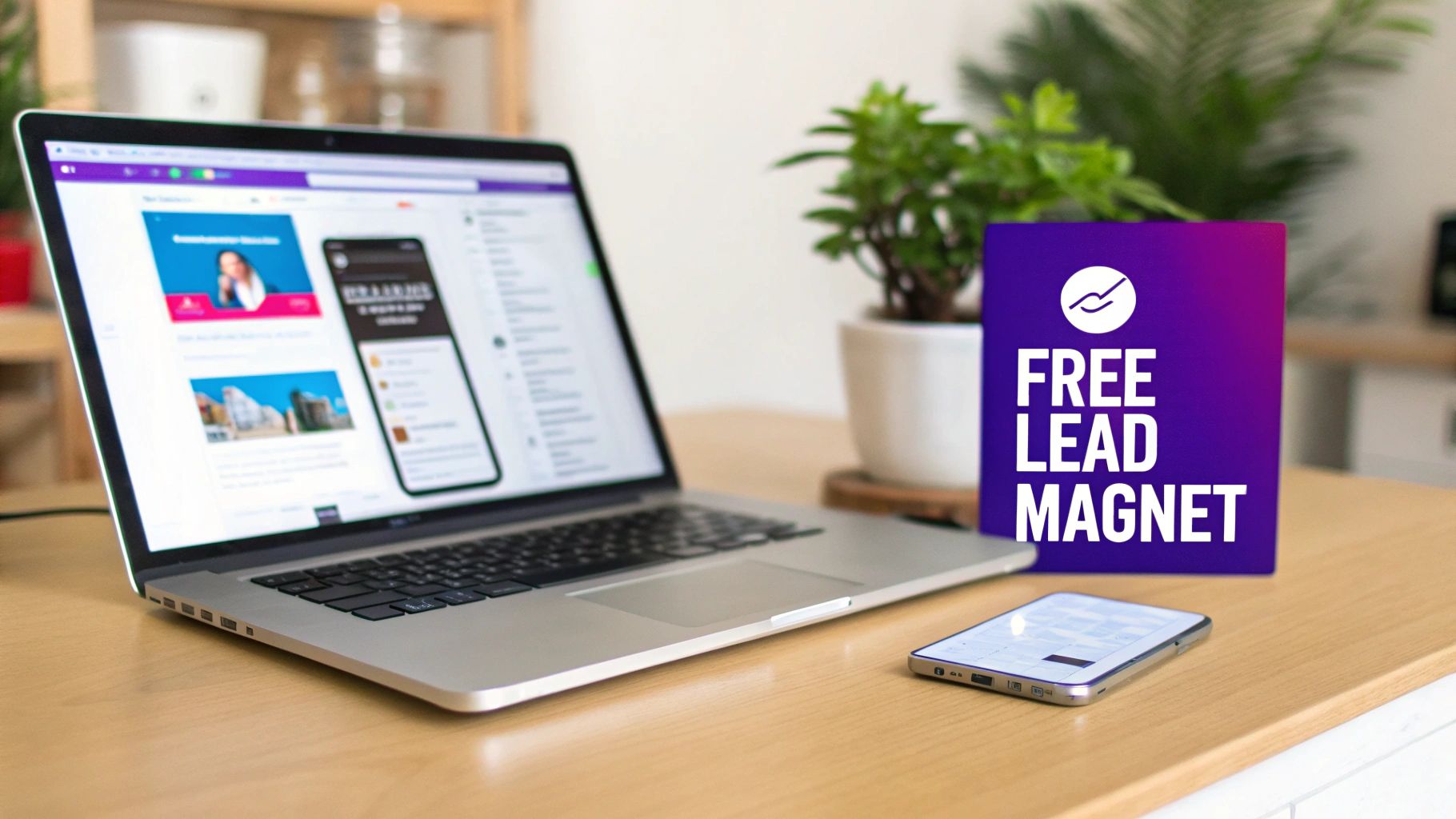 A laptop and smartphone on a desk with a 'FREE LEAD MAGNET' sign, ideal for email list building.