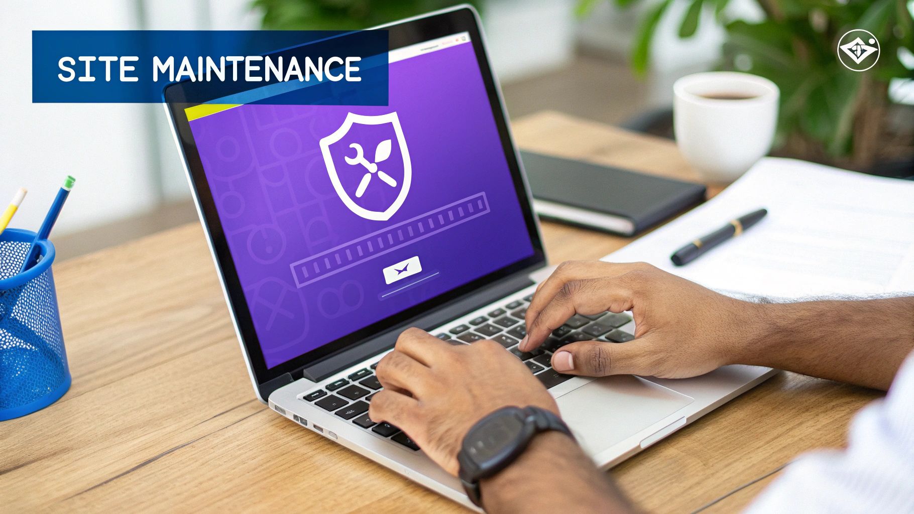 Hands typing on a laptop showing a website maintenance shield icon on screen with a progress bar.