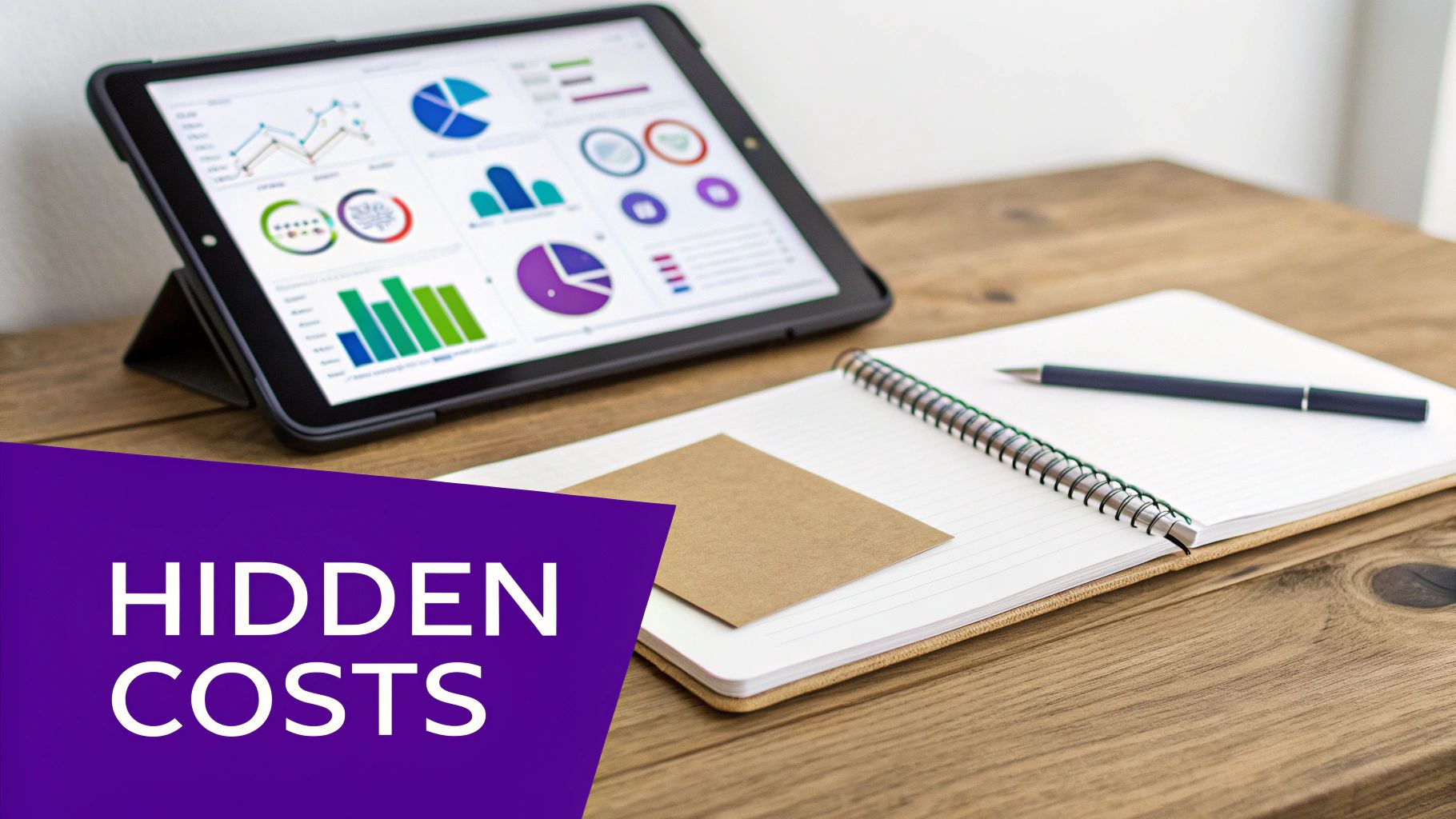 A tablet displays data analytics charts and graphs next to a notebook and pen, with 'Hidden Costs' overlay.