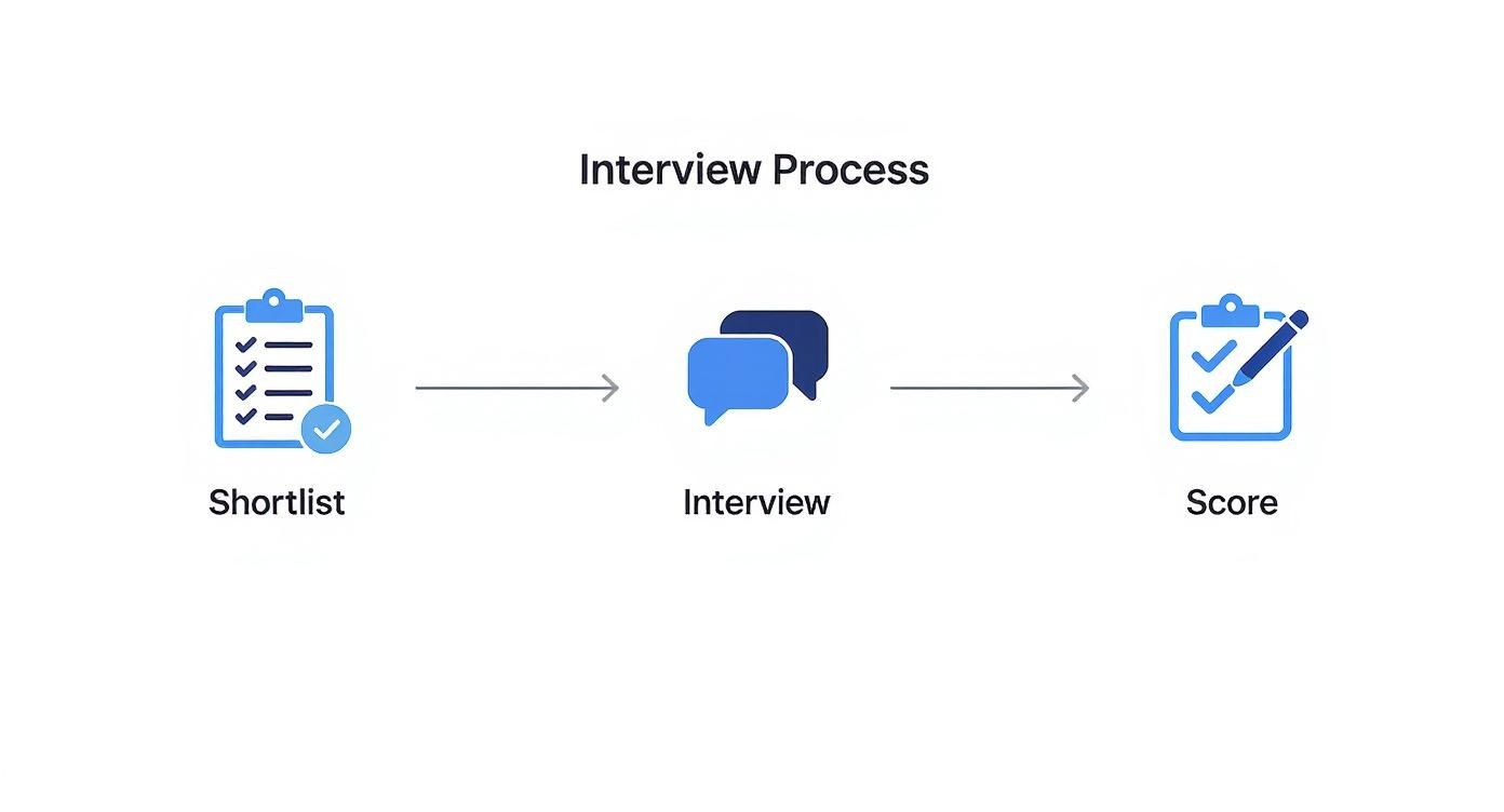 Flowchart illustrating a three-step interview process: Shortlist, Interview, and Score.