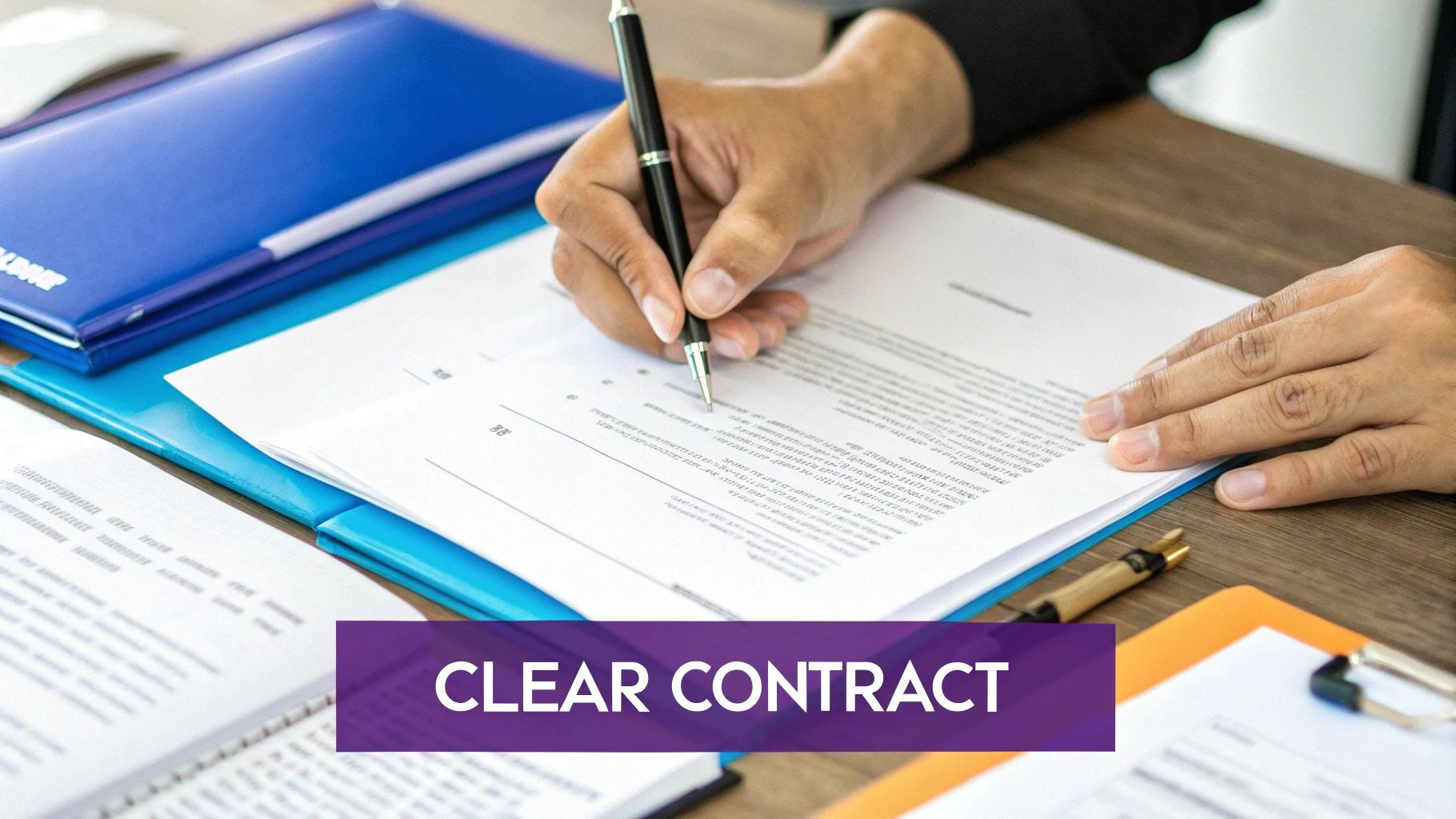A person's hand signing a contract document with a pen on a wooden desk, surrounded by folders.