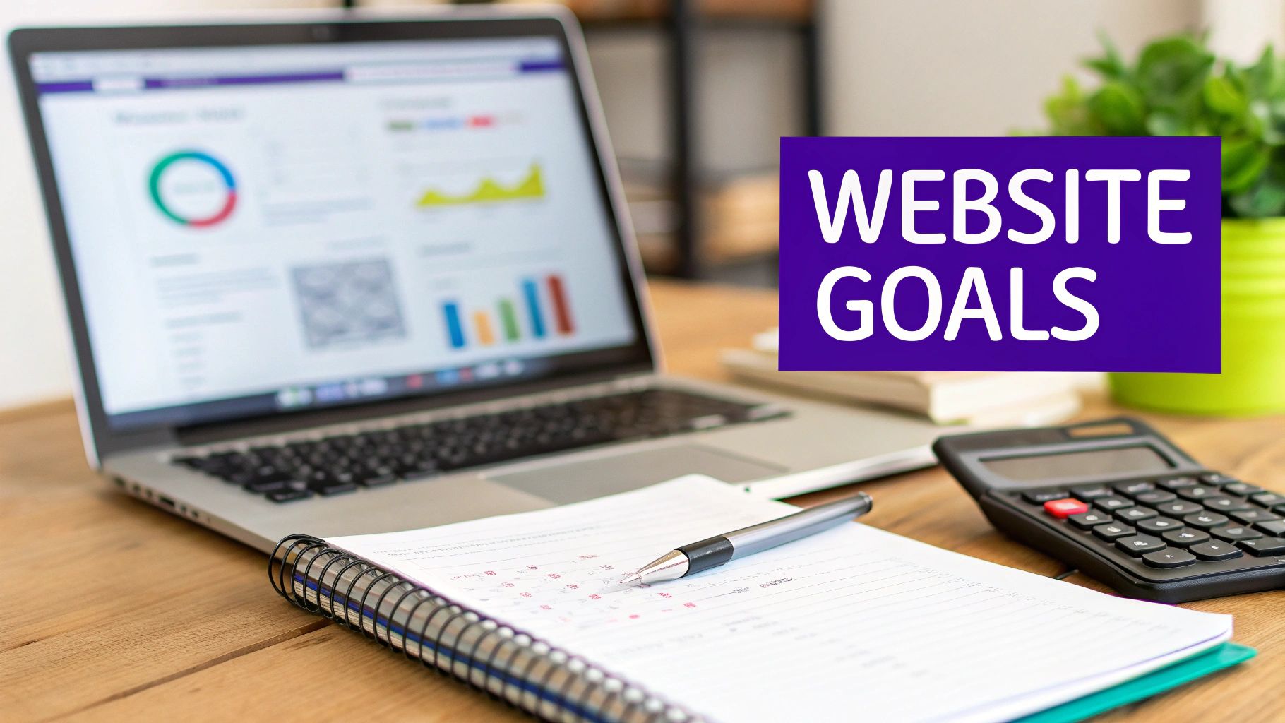 A laptop displaying website analytics, with a notebook, pen, calculator, and a purple box stating 'WEBSITE GOALS'.