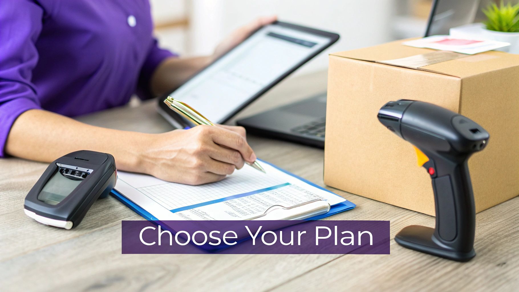 Hands working on inventory management with a barcode scanner, package, clipboard, and digital devices.