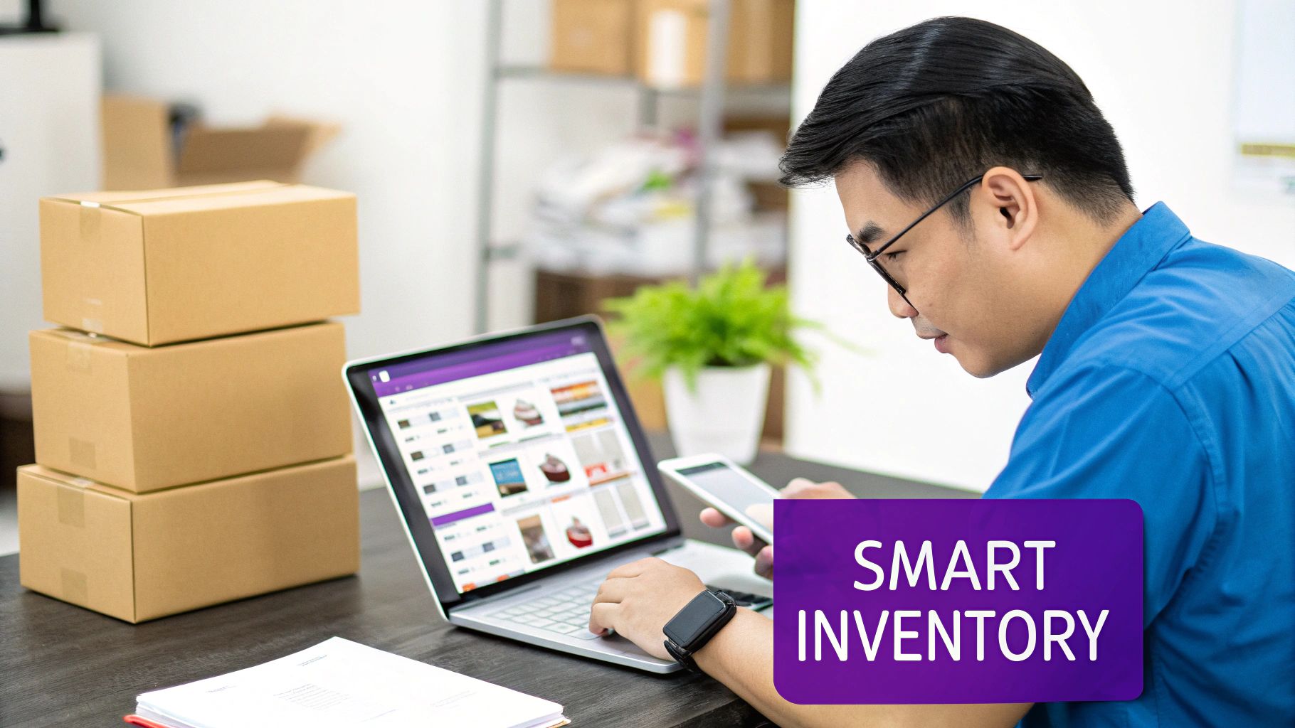 A man managing an online store's inventory on a laptop with shipping boxes nearby.