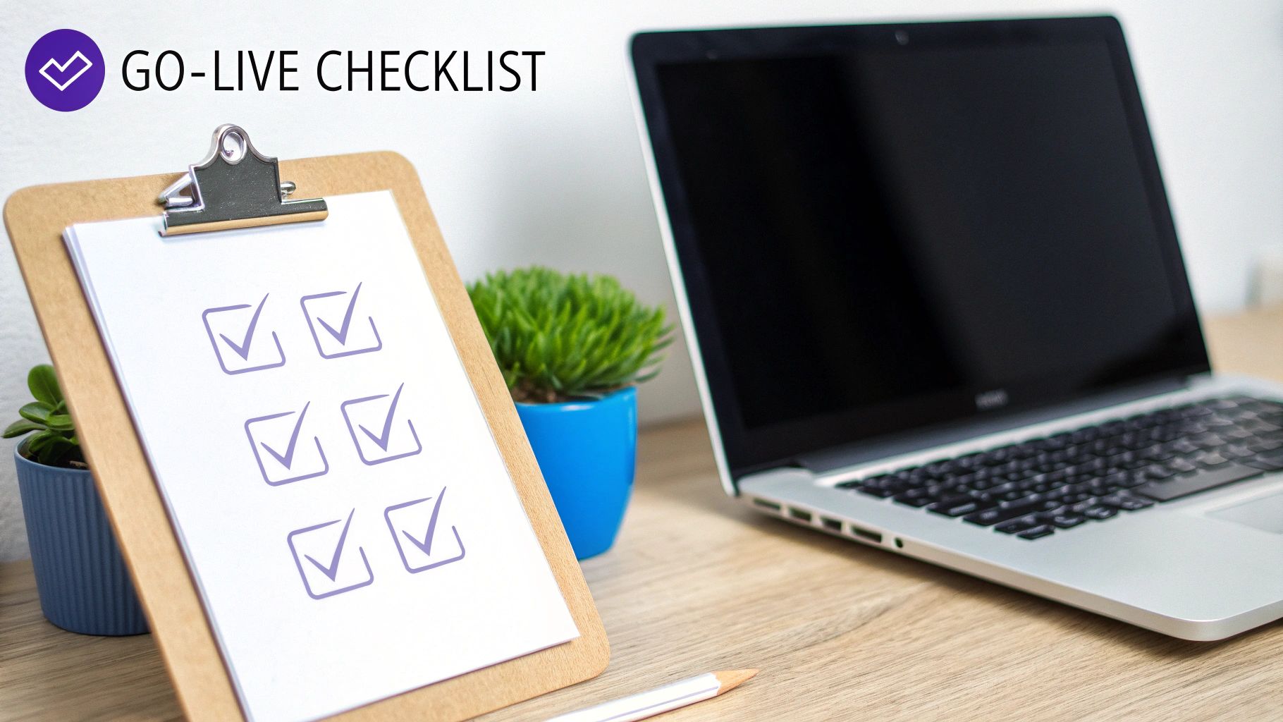 A 'Go-Live Checklist' on a clipboard, beside a laptop and plants on a wooden desk.