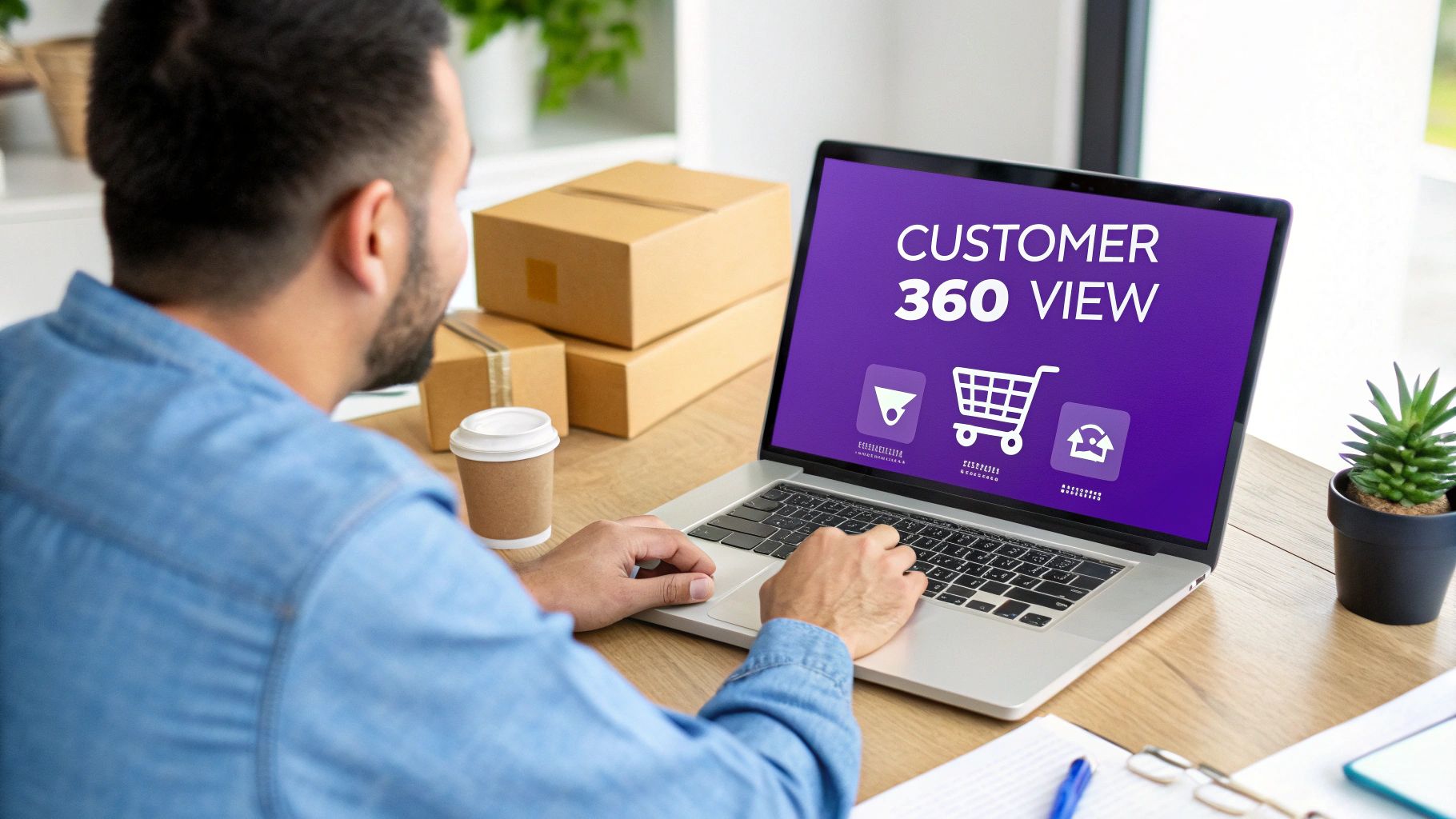 Man using a laptop displaying 'Customer 360 View' with e-commerce icons, surrounded by shipping boxes.
