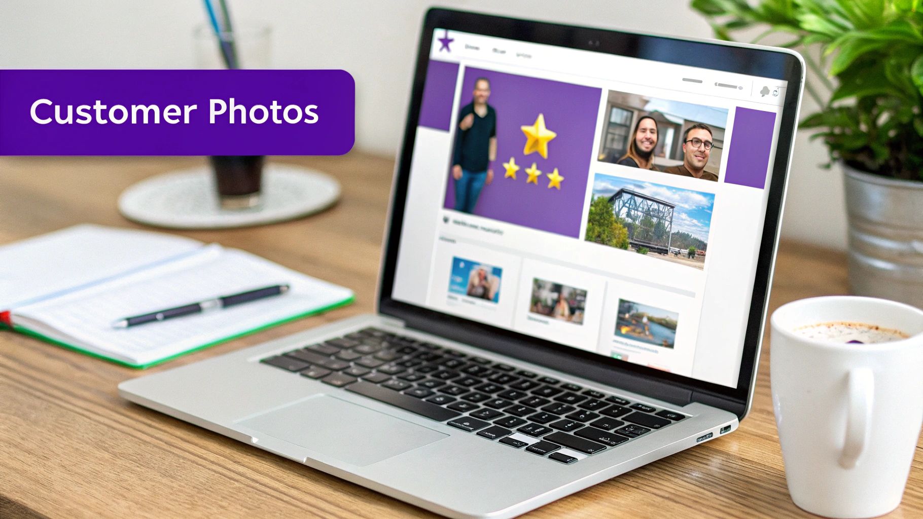 A laptop displaying customer photos and star reviews on a wooden desk, emphasizing user-generated content.
