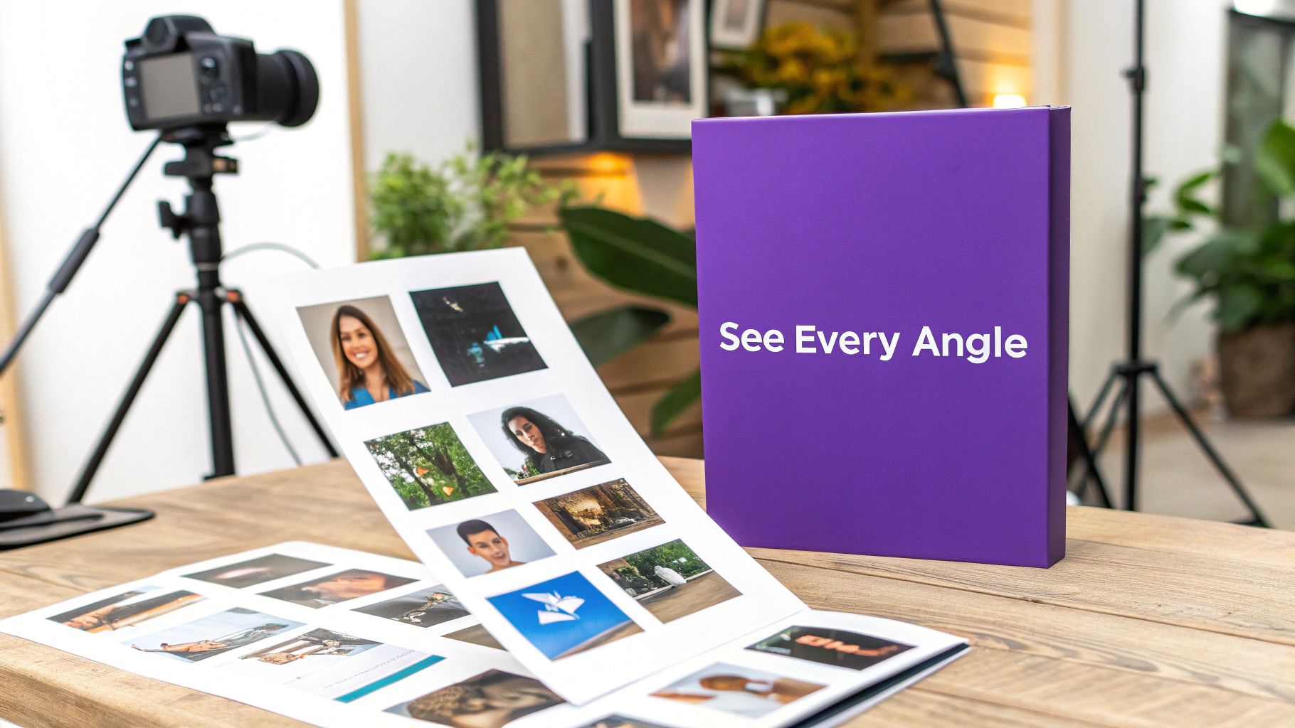 A photography setup with a camera on a tripod, a purple box that reads 'See Every Angle', and printed photos on a wooden table.
