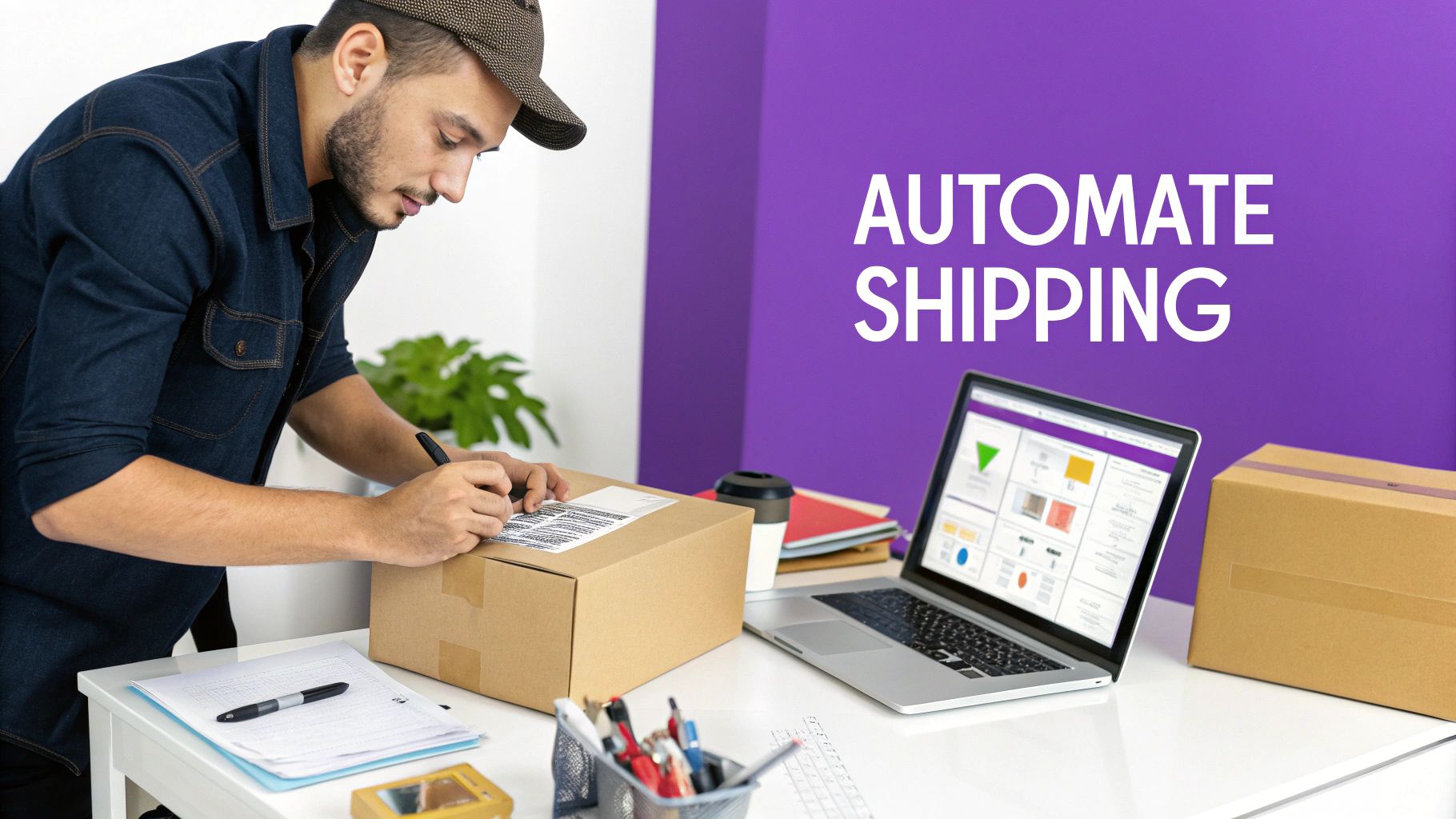 A man in a cap signs a shipping label on a package, with a laptop and "AUTOMATE SHIPPING" text.