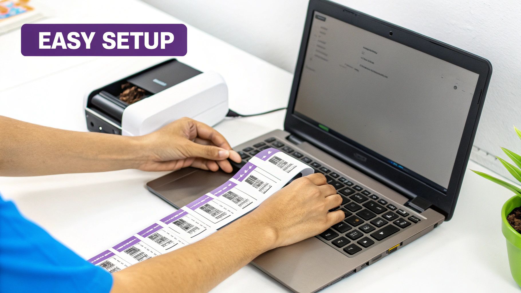 Hands handling a long roll of shipping labels printed from a white label printer connected to a laptop, with "EASY SETUP" text.