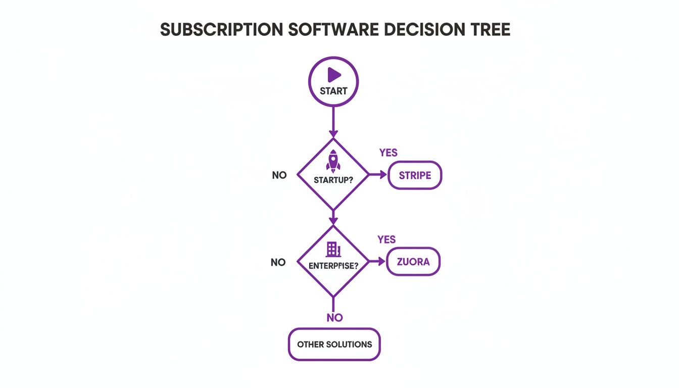 Decision tree flowchart guiding the selection of subscription software based on business type.