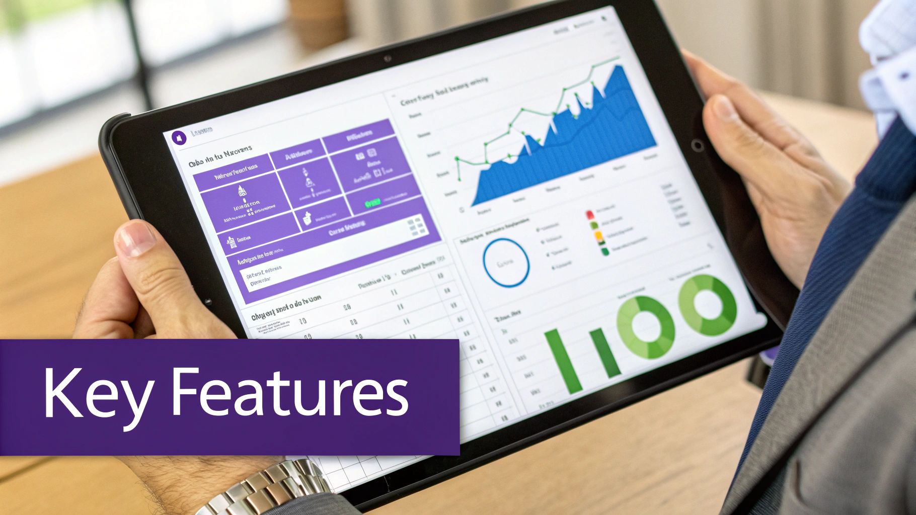 A person holds a tablet displaying business analytics, charts, and data, with a 'Key Features' overlay.