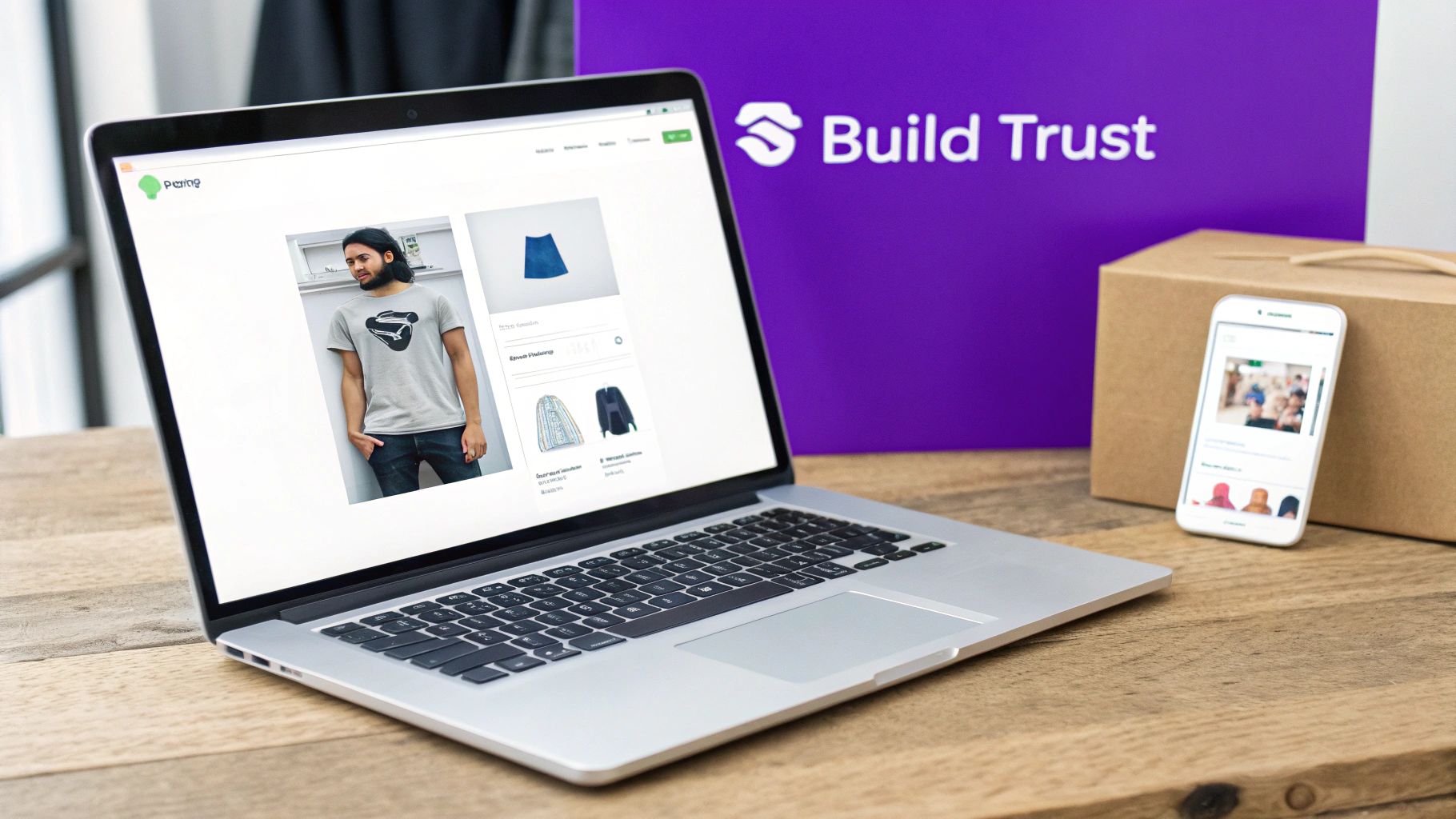 A laptop displaying an e-commerce website with a model, next to a smartphone showing a mobile app.