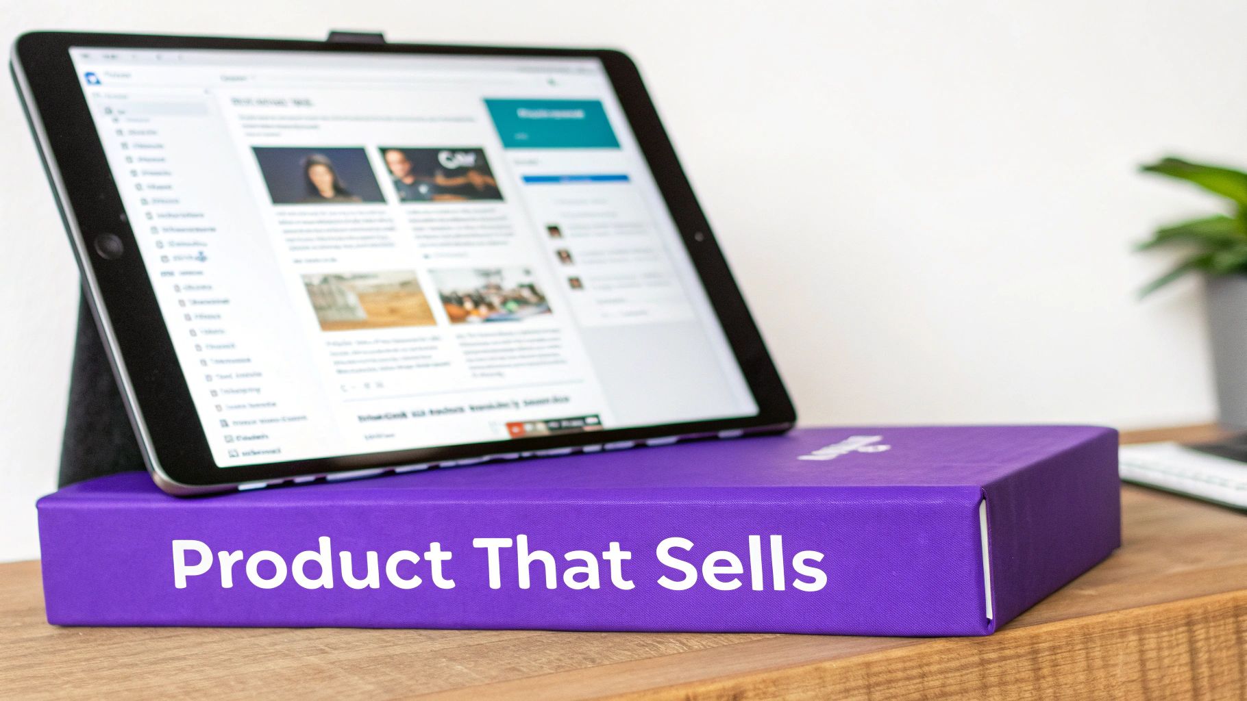 A tablet displaying a social media feed rests on a purple box labeled "Product That Sells."